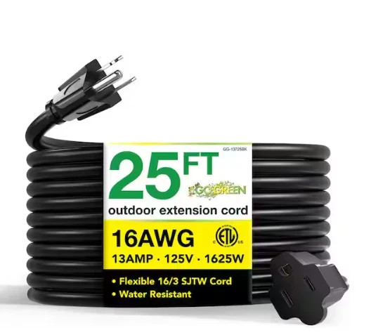 GoGreen Power 25 ft. 16/3 Heavy Duty Outdoor Extension Cord – Black