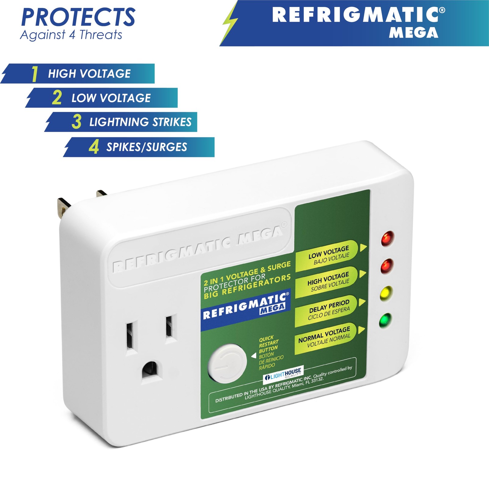 Refrigmatic MEGA, 2 in 1 Electronic Voltage & Surge Protector for Two white