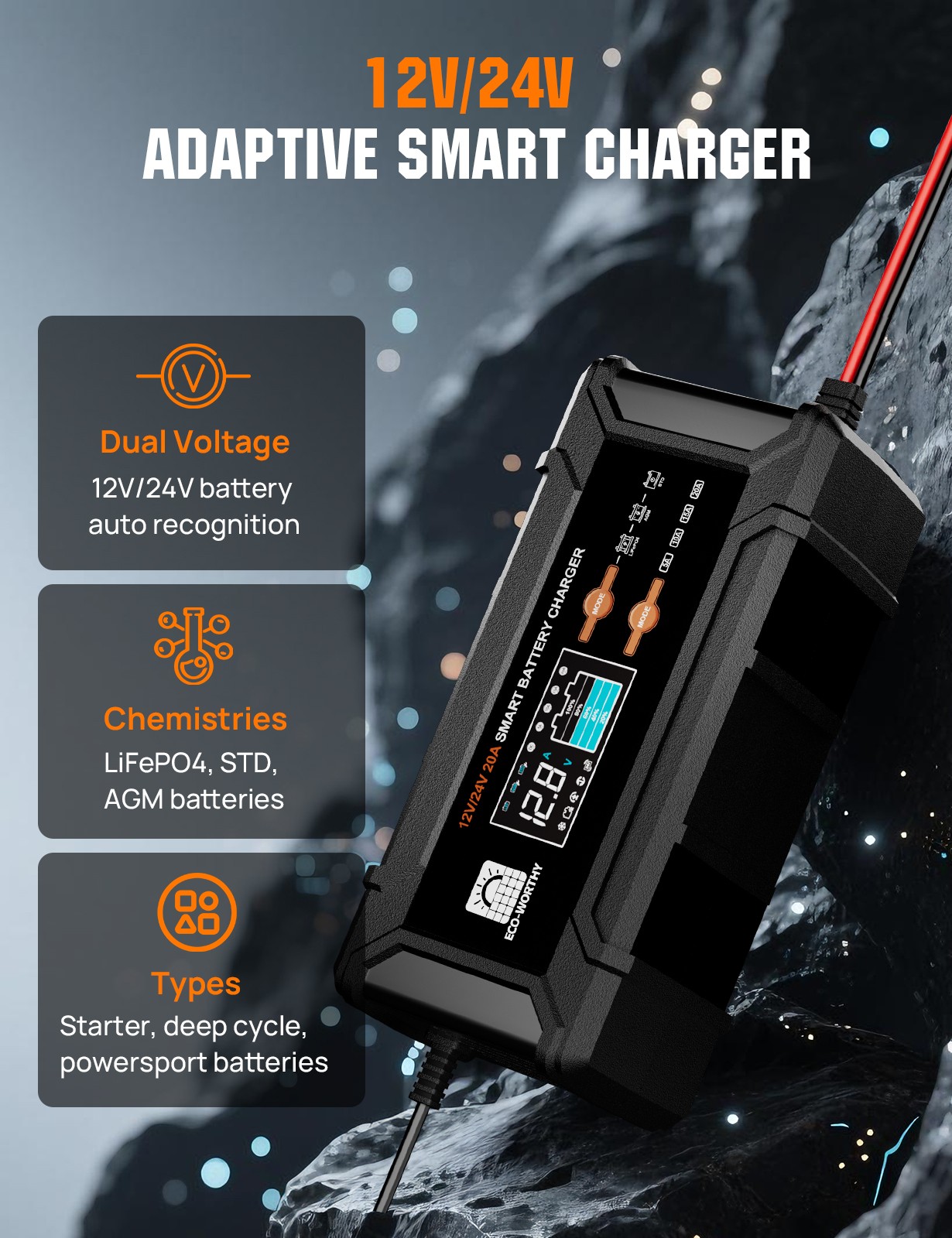 ECO-WORTHY 12V/24V 20A Lithium LifePO4 Battery Charger 14.6V Maintenance