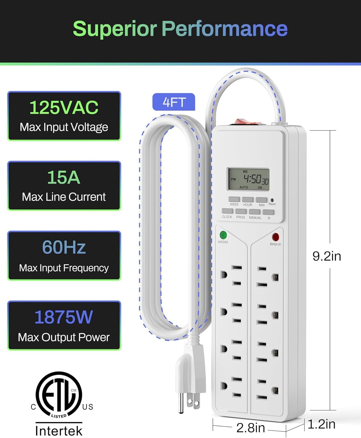 BN-LINK 8 Outlet Surge Protector with 7Day Digital Timer (4 Timed +4 Always On)