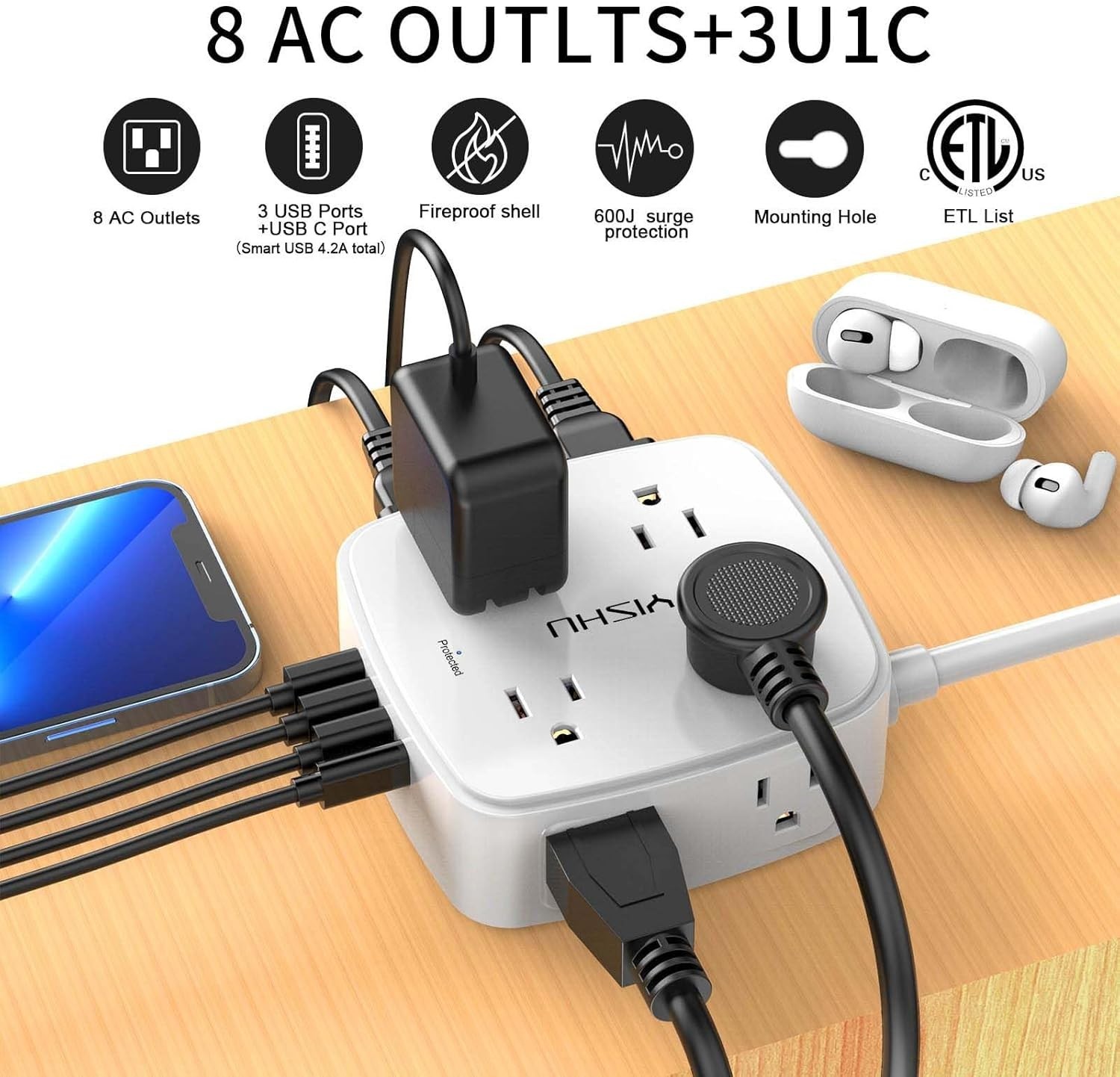 6FT Surge Protector Power Strip, 8 Widely Outlets with 4 USB Ports 3 Side Outlet