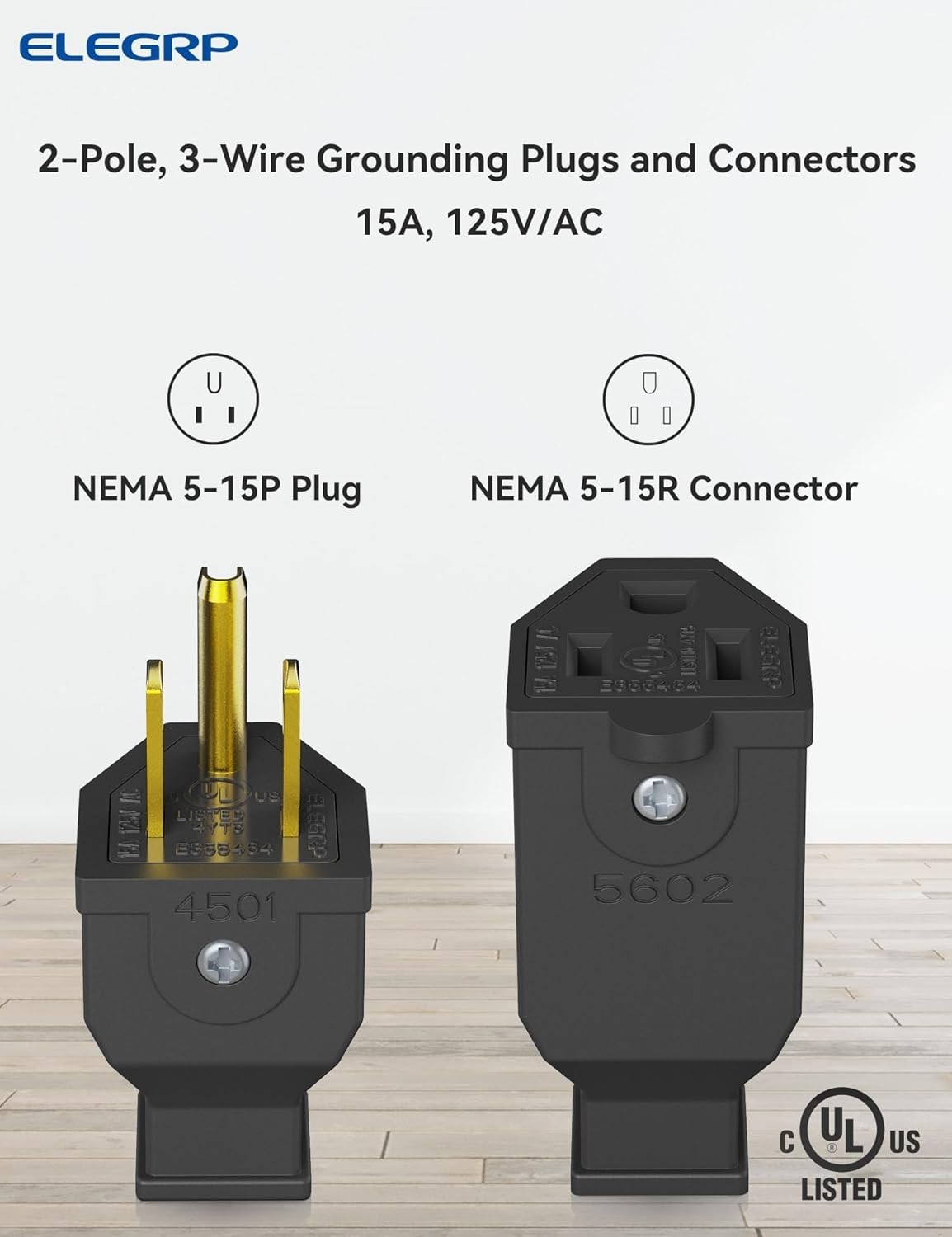 ELEGRP Extension Cord Ends Male/Female Set, Black, 15A 125V, 5 Sets
