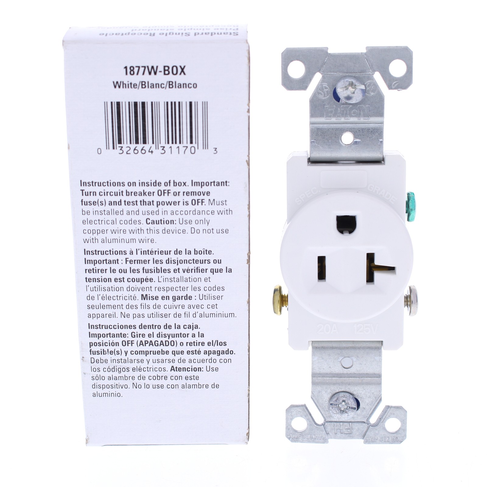 Eaton White COMMERCIAL Outlet Single Receptacle NEMA 5-20R 125V 20A 1877W Boxed