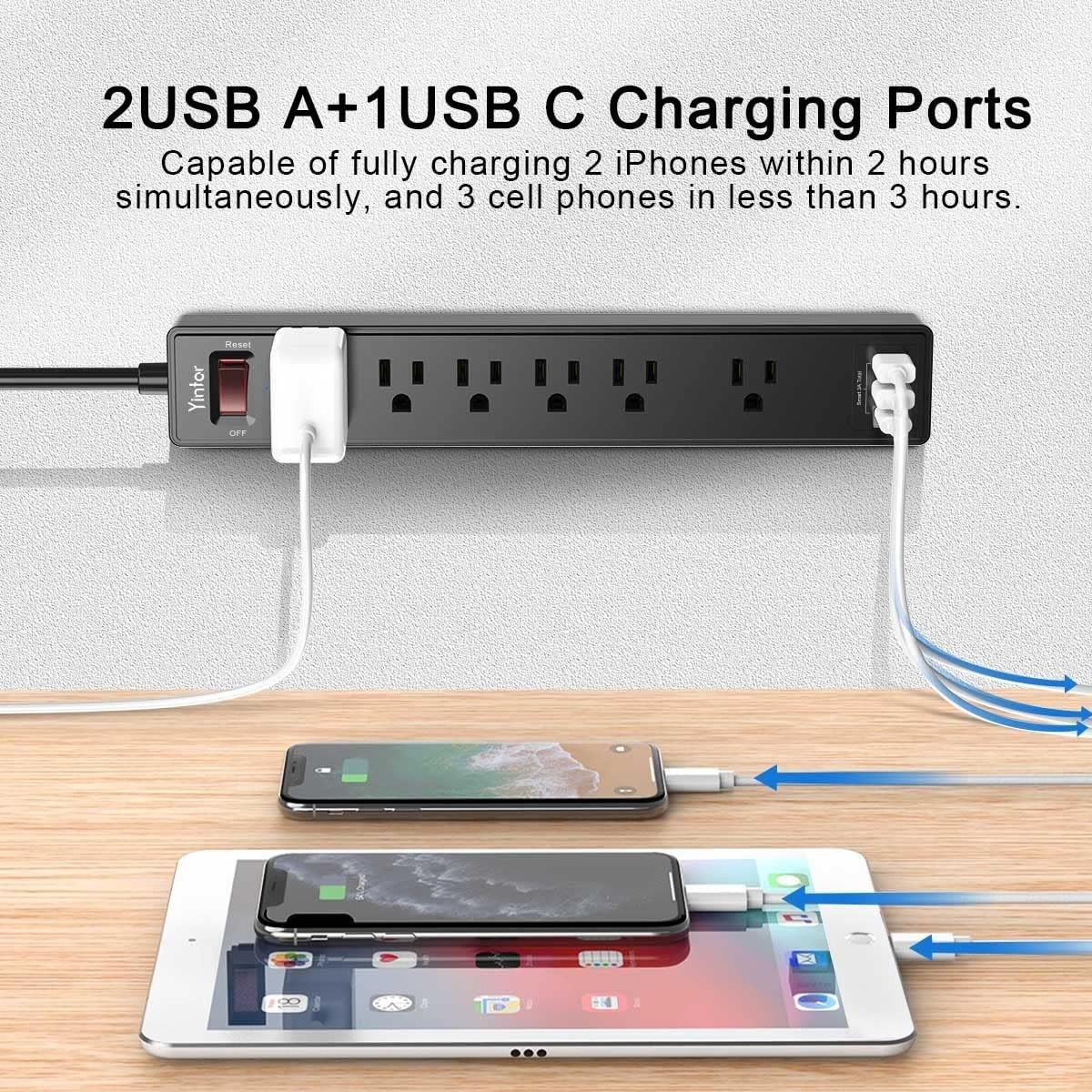 6Ft Black Surge Protector Power Strip with 3 USB Ports & 10A Overload Protection