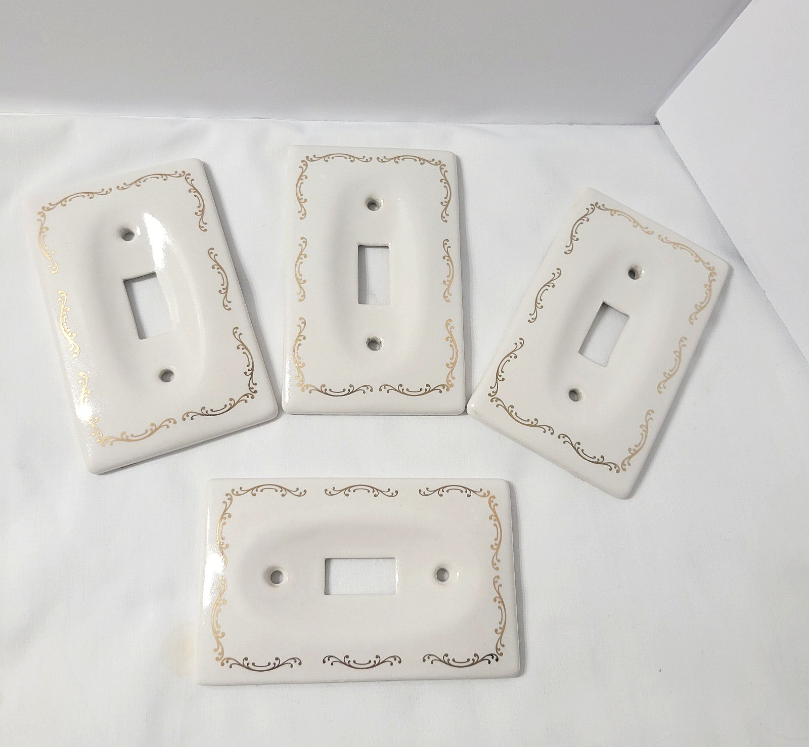 4 VTG Lenape Porcelain Ceramic Single Switch Plate Covers White/Cream & Gold