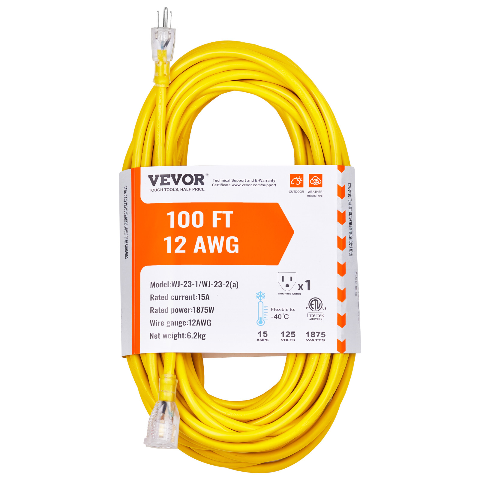 VEVOR 100FT Extension Cord 12AWG 15Amps 1875W 3 Prongs with Lighted End