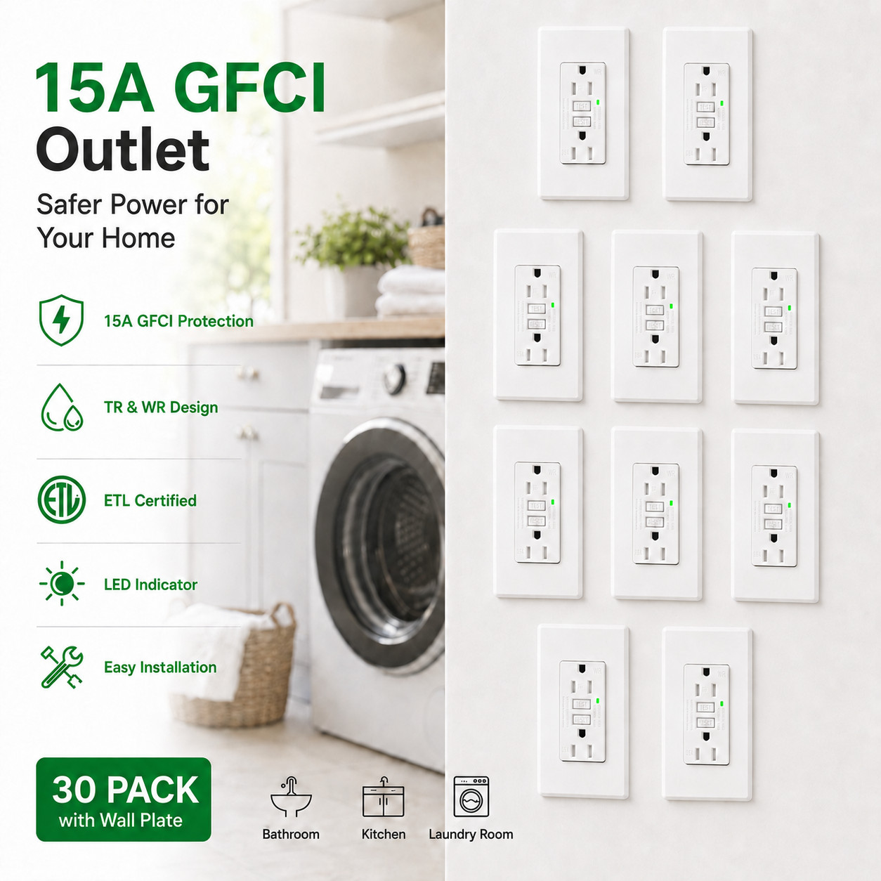 White 15A Shock-Proof GFCI Outlet WR TR LED Indicator ETL Listed Wall Plate 30PK