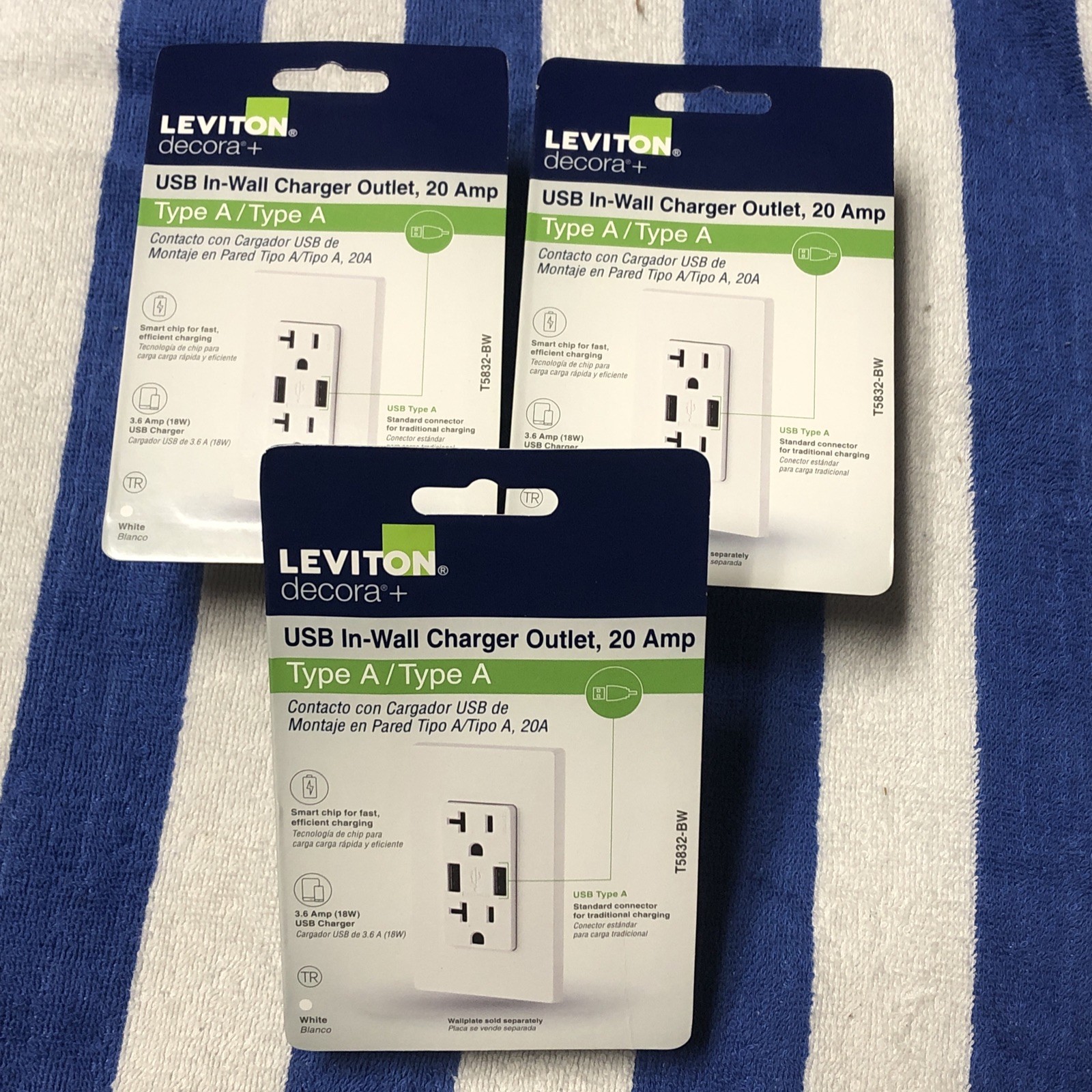 LOT OF 3 Leviton Decora+ T5832-BW Dual USB-A Charger Outlet 20A New Sealed