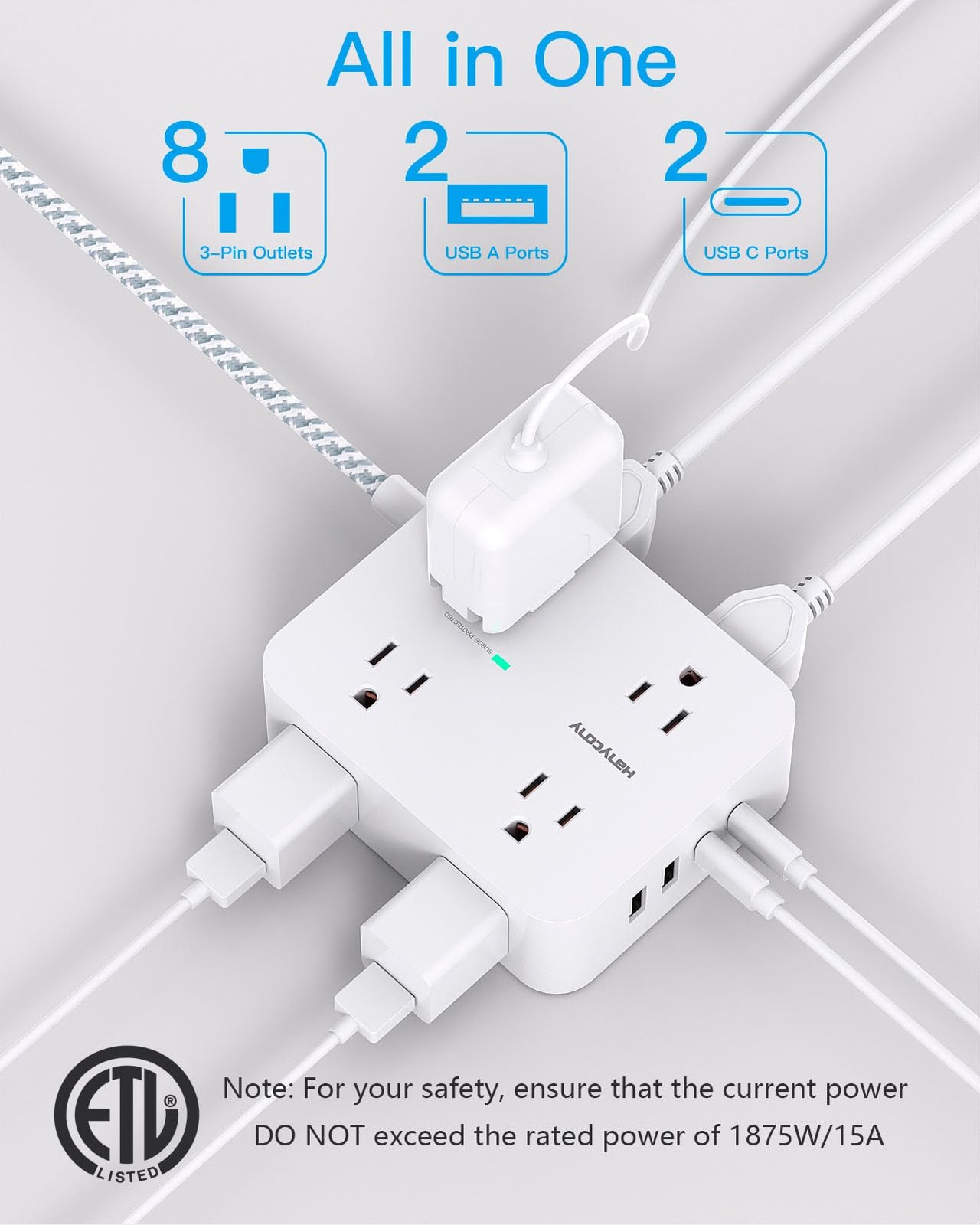 HANYCONY Surge Protector Power Strip, 1080J, 5 Ft Braided 5ft, White