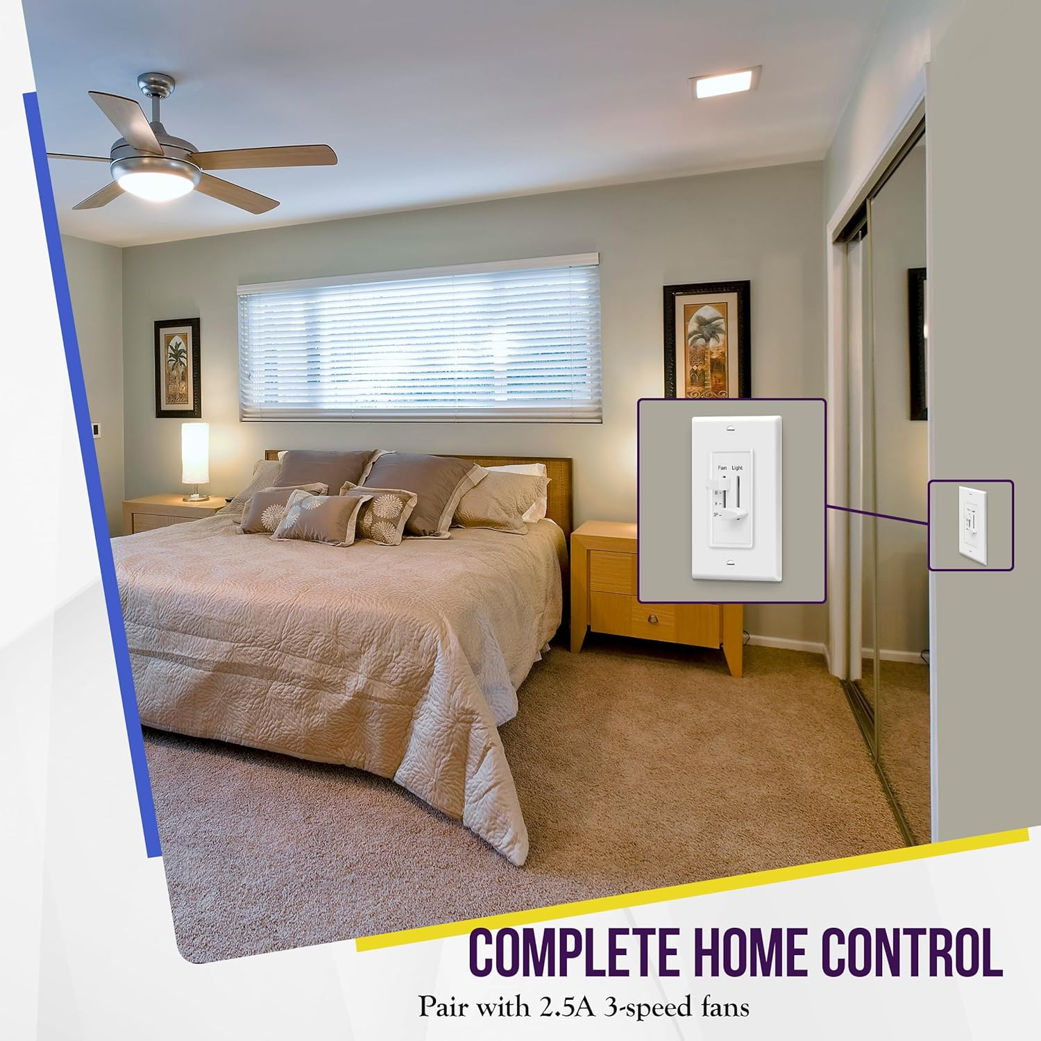 3 Speed Ceiling Fan Control and Dimmer Light Switch, 2.5A Single Pole Light Fan