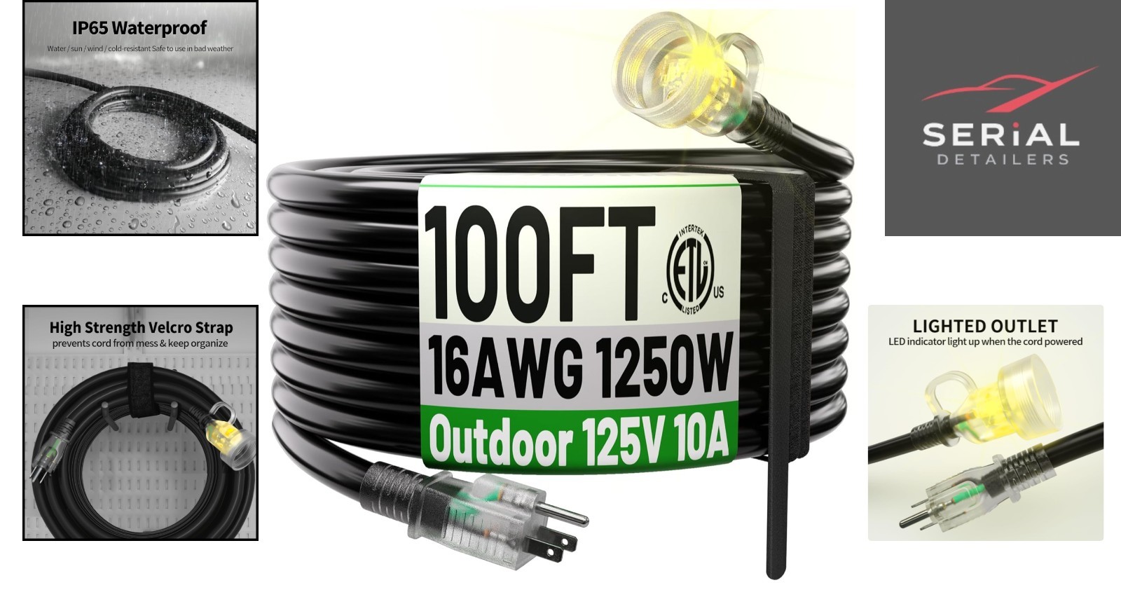 100ft Power Outdoor Extension Cord & Indoor – Waterproof Electric Drop Cord