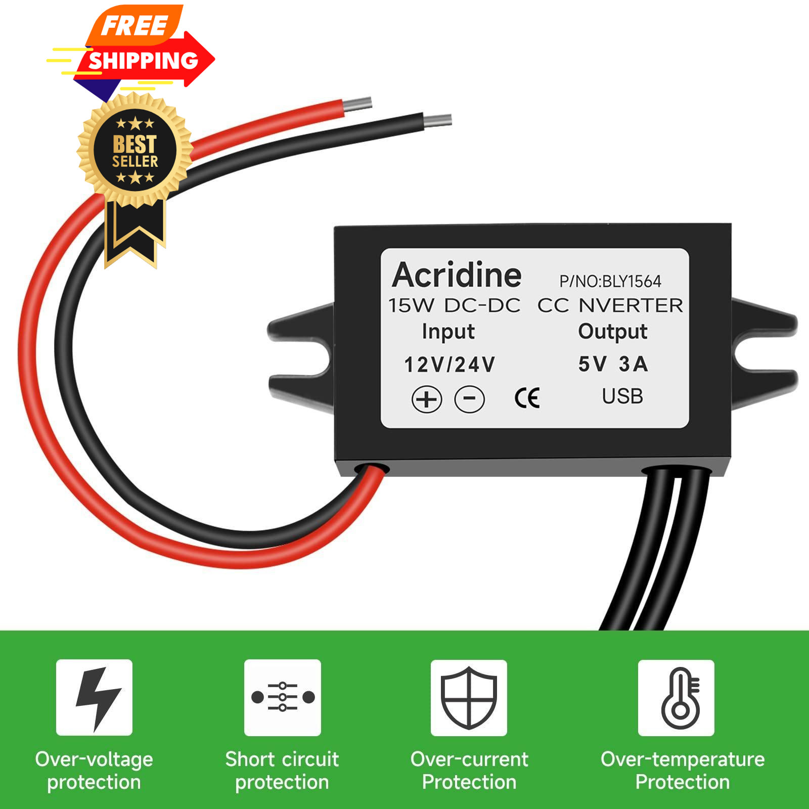 Acridine 12V 24V DC to 5V 3A USB Female Converter Adapter Buck Module Black