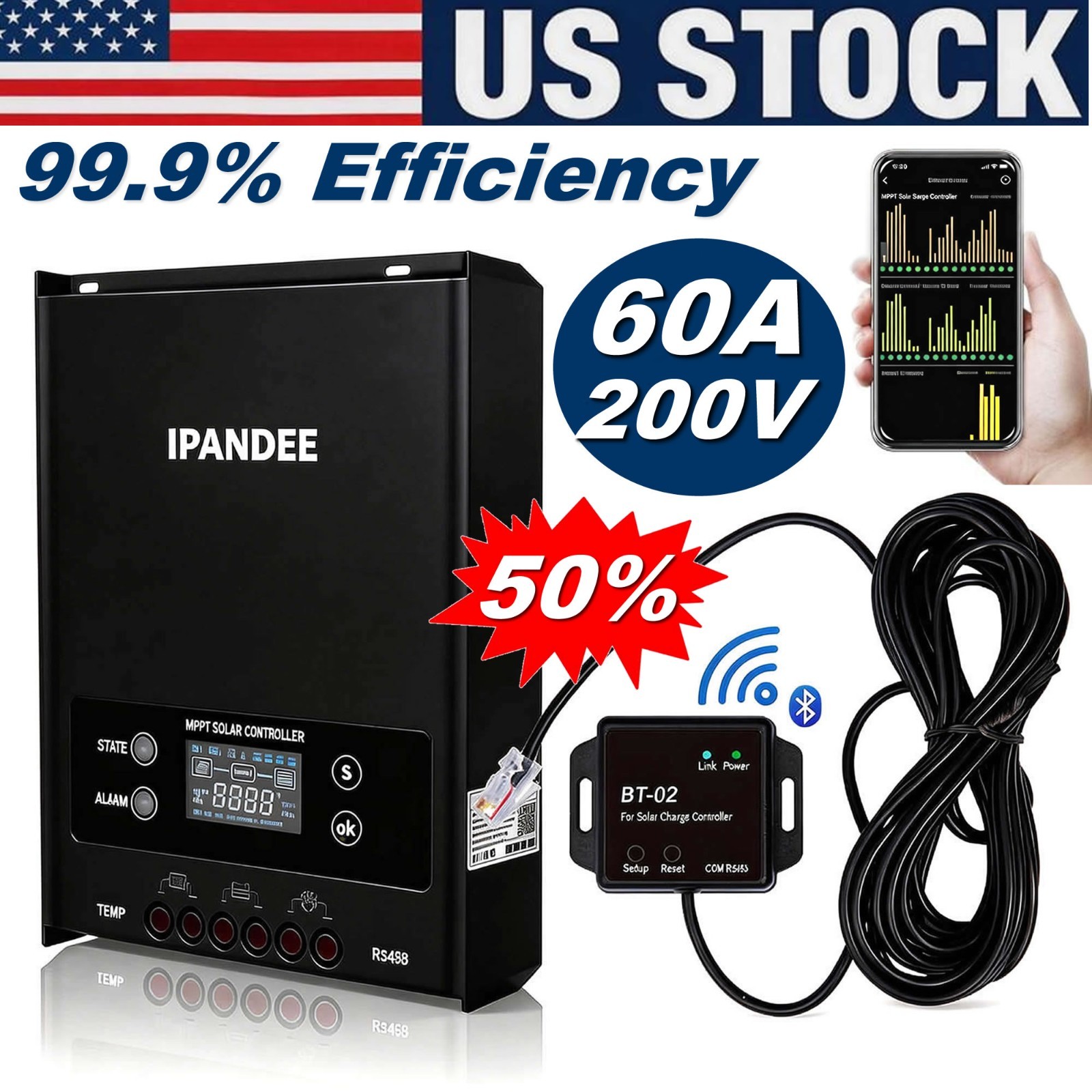 60A MPPT 12V/24V/36V/48V Auto DC Input Solar Charge Controller+Bluetooth App US