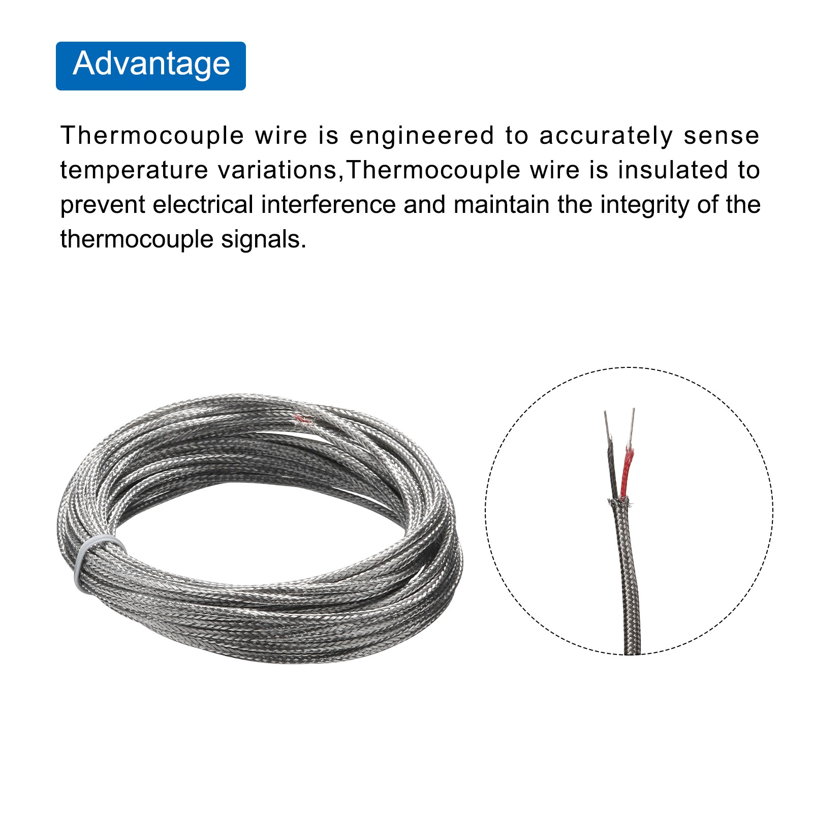 K-Type 2×0.5 Thermocouple Wire Temperature Sensor AWG 24 Wire Insulation 33Ft