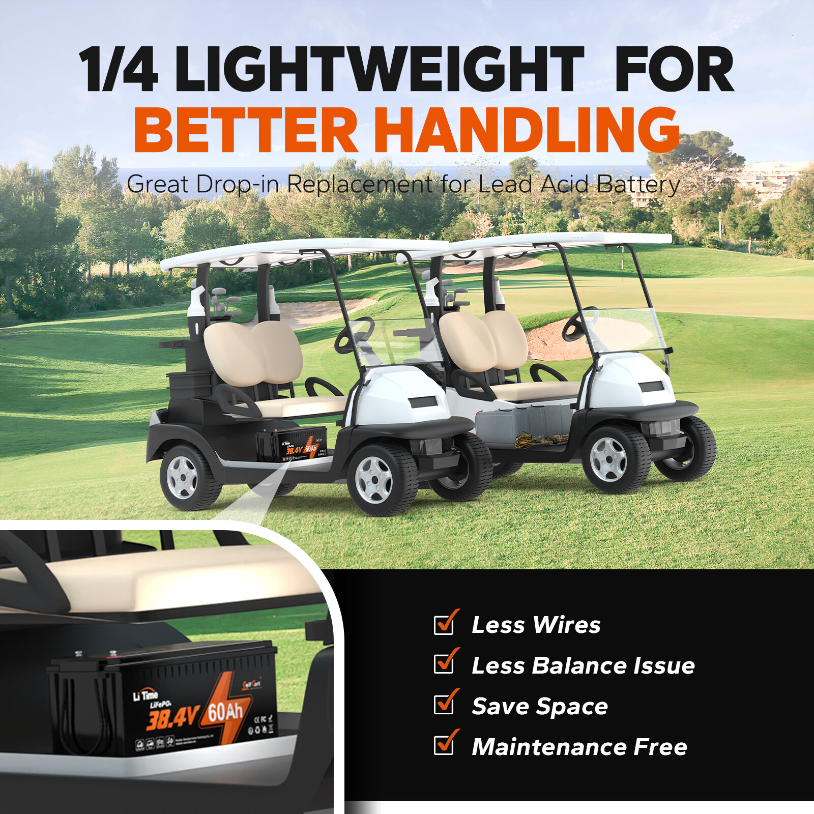 LiTime 36V 60Ah LiFePO4 Lithium Battery Deep Cycle 120A BMS For Golf Cart 3kW