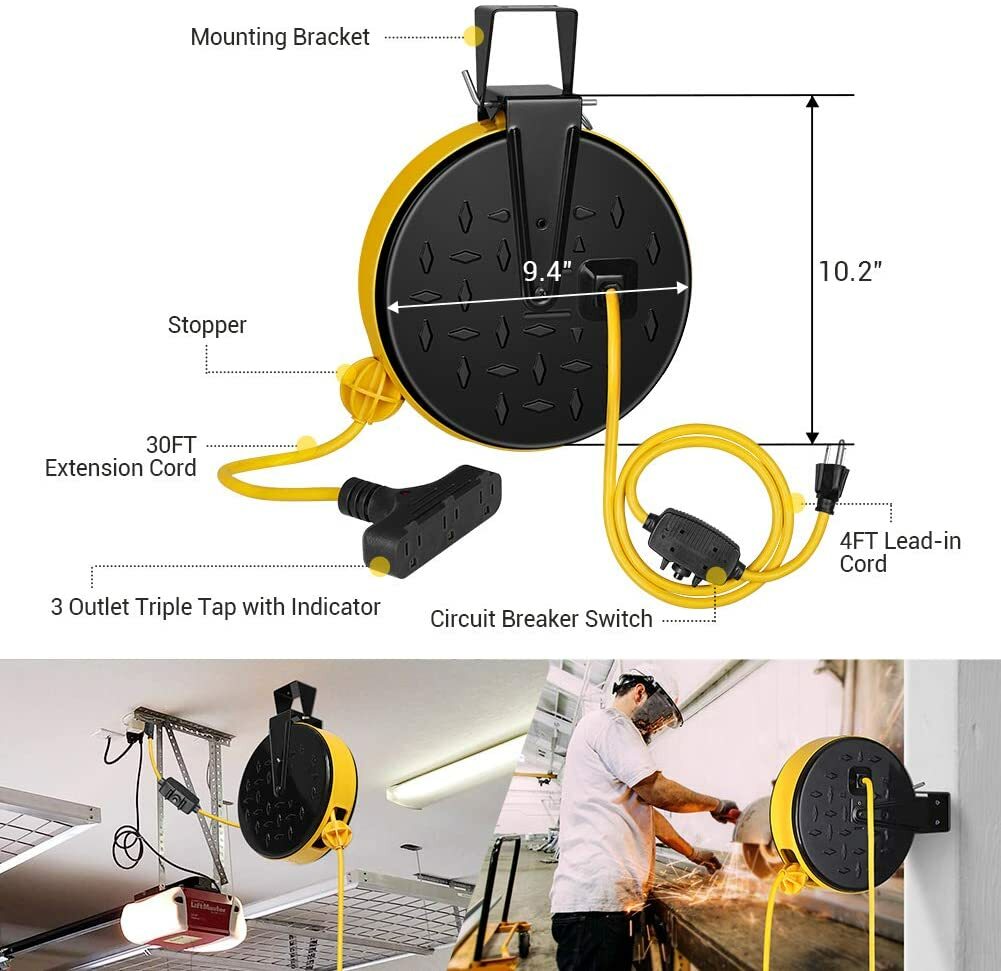 DEWENWILS 30 Ft Retractable Extension Cord Reel 16/3 SJTW Power Cord 10 Amp
