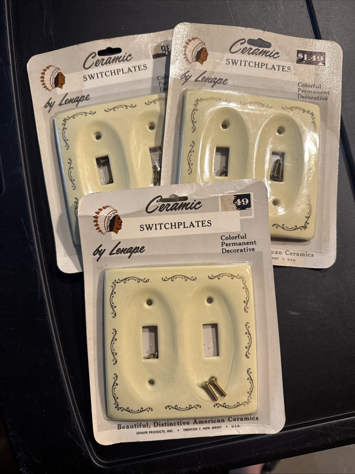 Vintage Lenape Porcelain Ceramic Double Switch Plate Beige Gold Scrolls Lot (3)