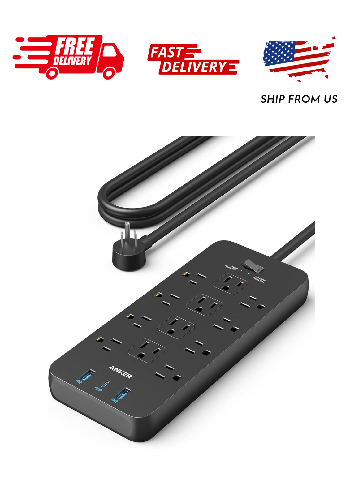 Anker Power Strip Surge Protector (2100J), 12 Outlets with 2 USB A and 1 USB C P