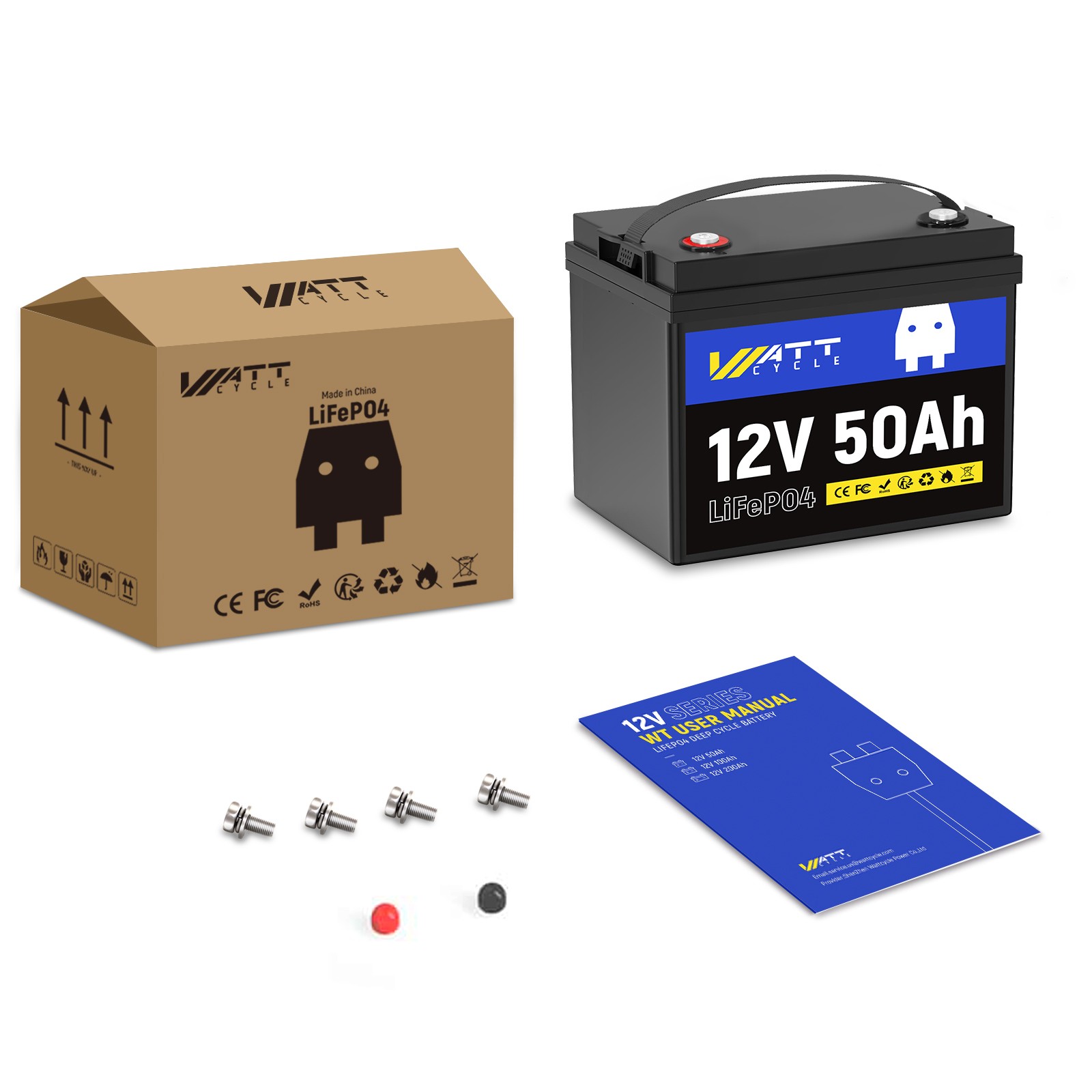 WattCycle 12V 50Ah LiFePO4 Lithium Battery Cycle Deep Built-in 50A BMS for RV