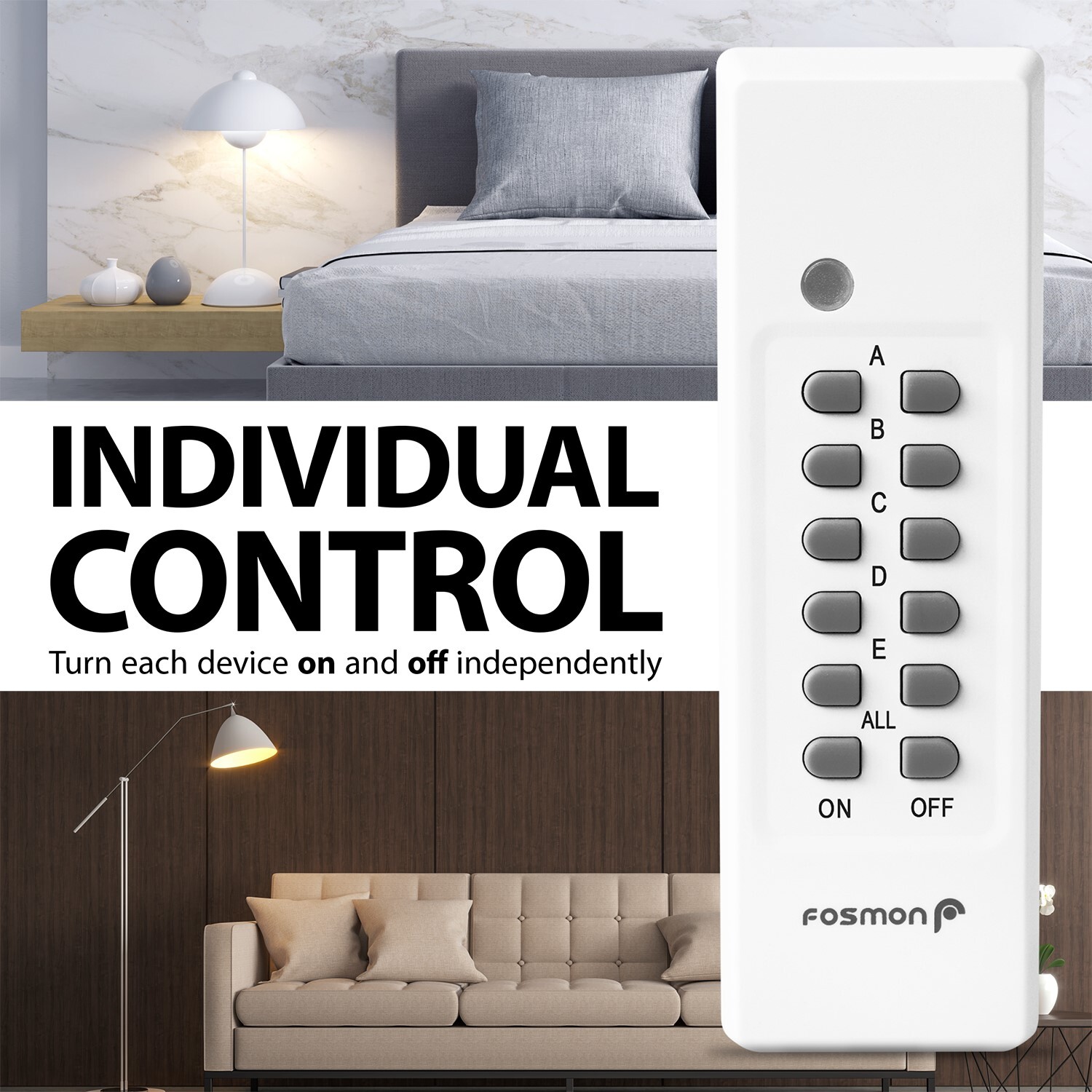 Fosmon [ETL Listed] 125V/15A Wireless [2x Remote Control][5 Outlet] Wall Plug