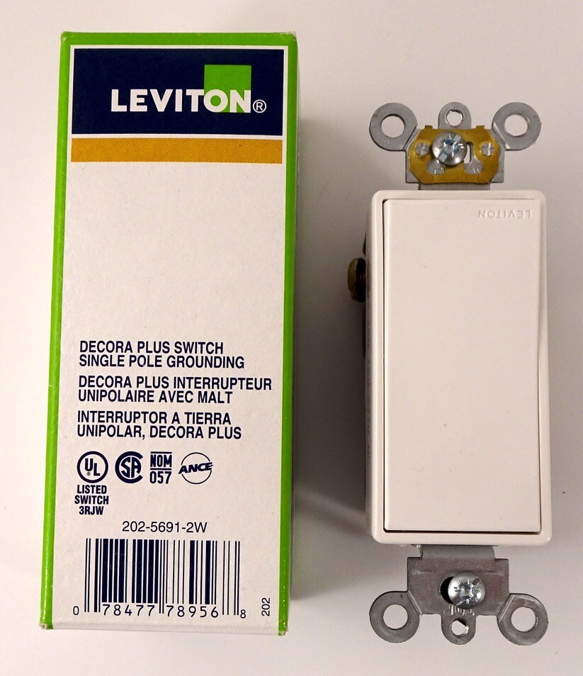 Leviton 5691-2W Decora Switch, 15A, 120/277V, 1-Pole, White, Back/Side Wired New