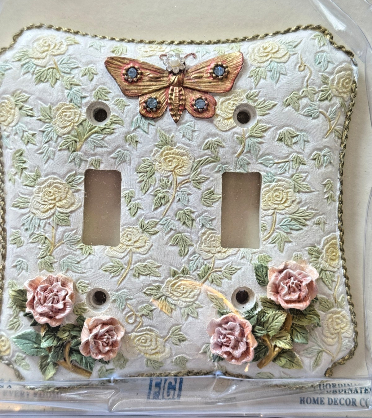 Fiji Rustic Garden Wallplate double light switch Butterfly Pink Yellow Floral