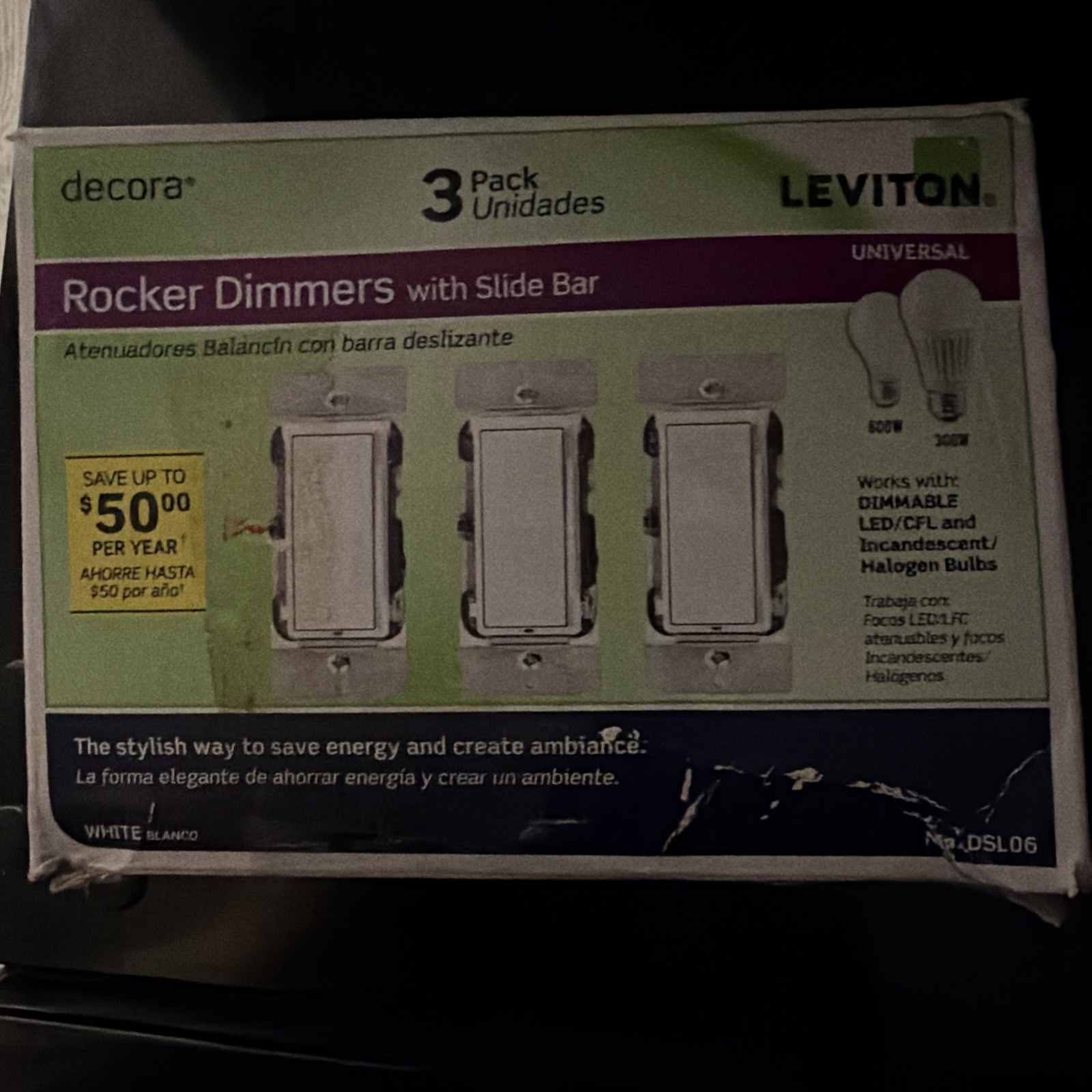 Leviton Decora 600W Single-Pole/3-Way Universal Rocker Slide Dimmer White 3-Pack