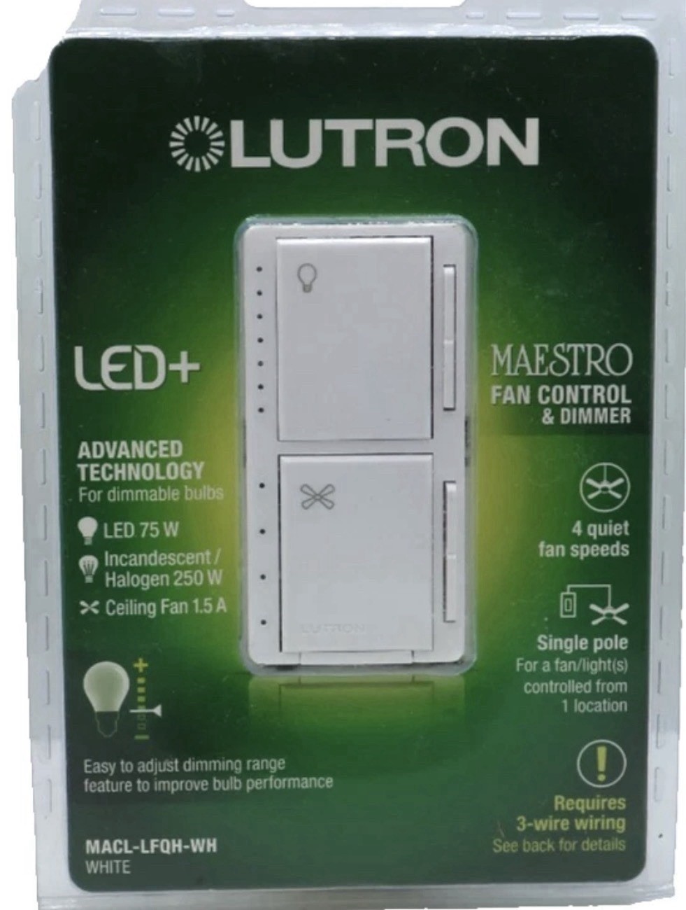 Lutron MACL-LFQH-WH Maestro Fan Control and Light Switch Dimmer White NEW!