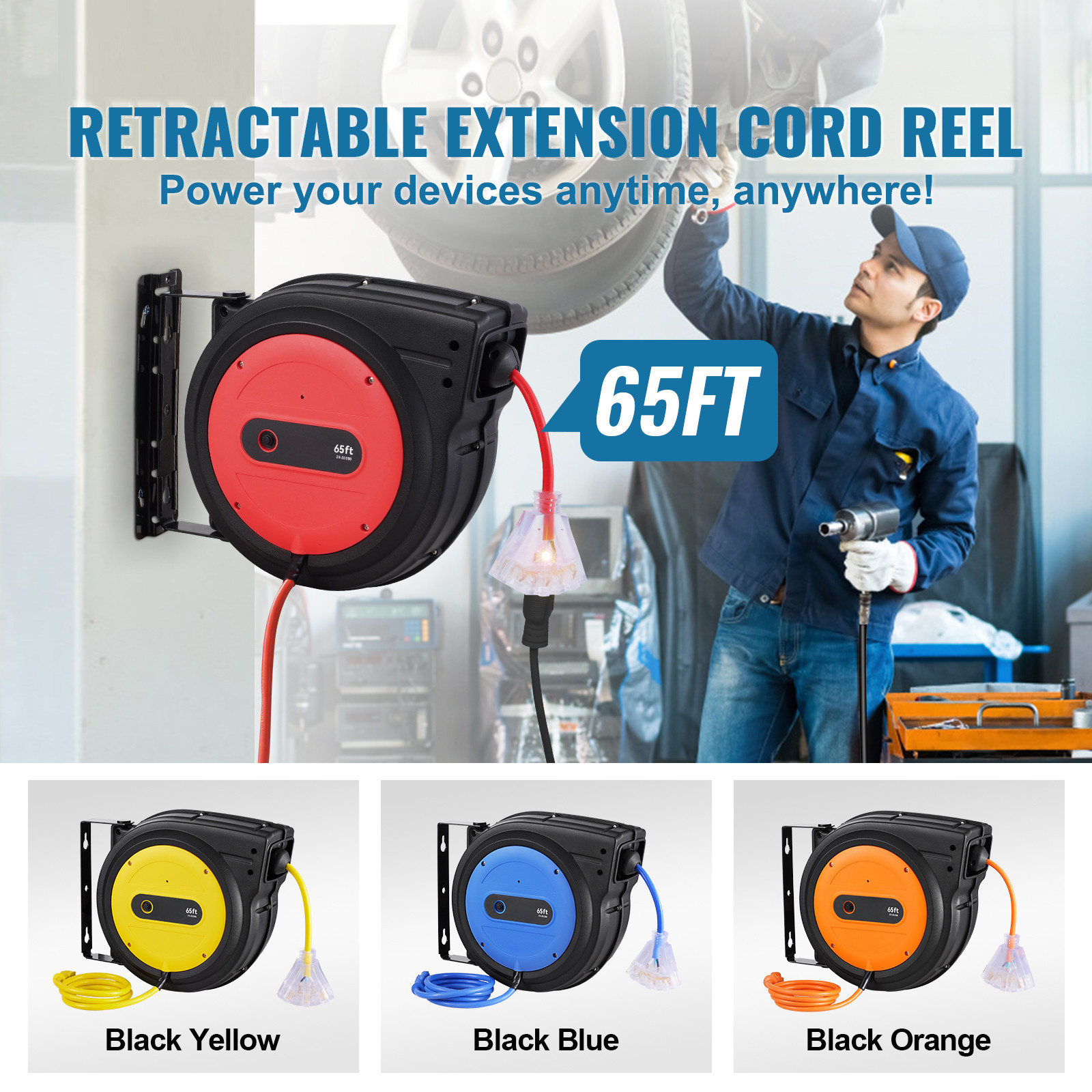 VEVOR Retractable Extension Cord Reel Power Cord Reel 65FT 12AWG/3C SJTOW