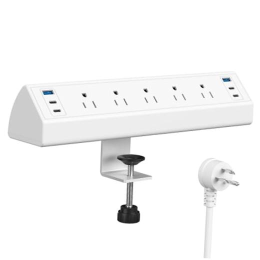 Desk Clamp Power Strip USB C,Table Surge 5 Outlets & 6 USB Ports – 40W White