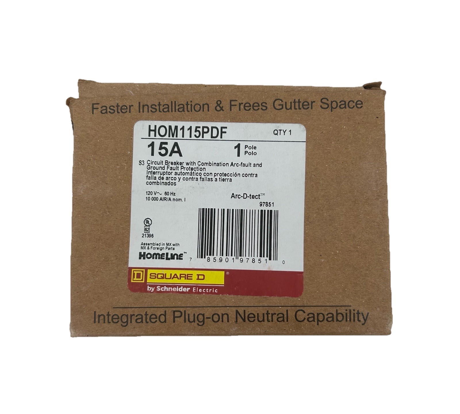 New Square D HOM115PDF Homeline, 15A, 1P, 120V~ GFCI, Plug On Circuit Breaker