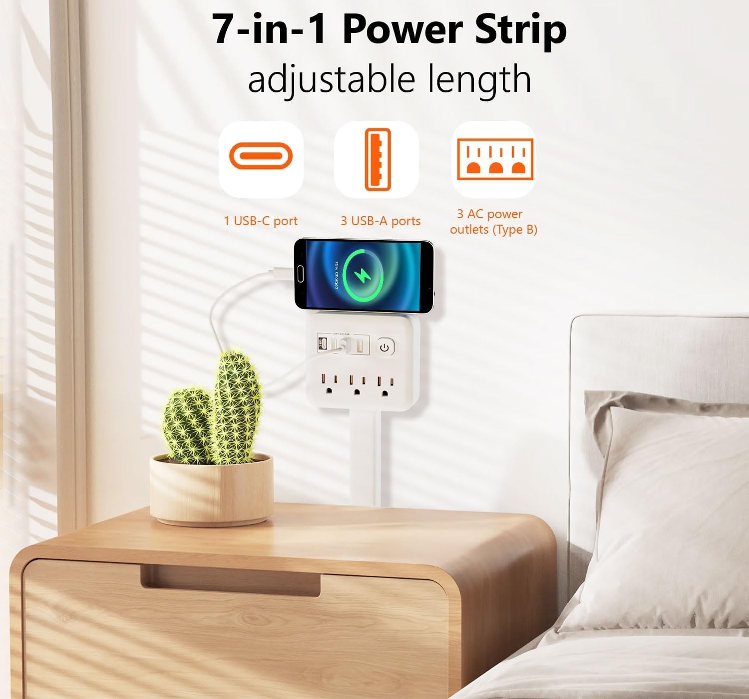 Electrical Outlet Extender 7 Outlets 4 USB Ports Adjustable 17-26 Inch White