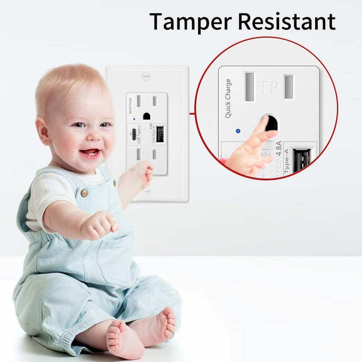 Type-C USB Wall Outlet with Power Delivery TR Quick Charge Duplex Receptacle UL