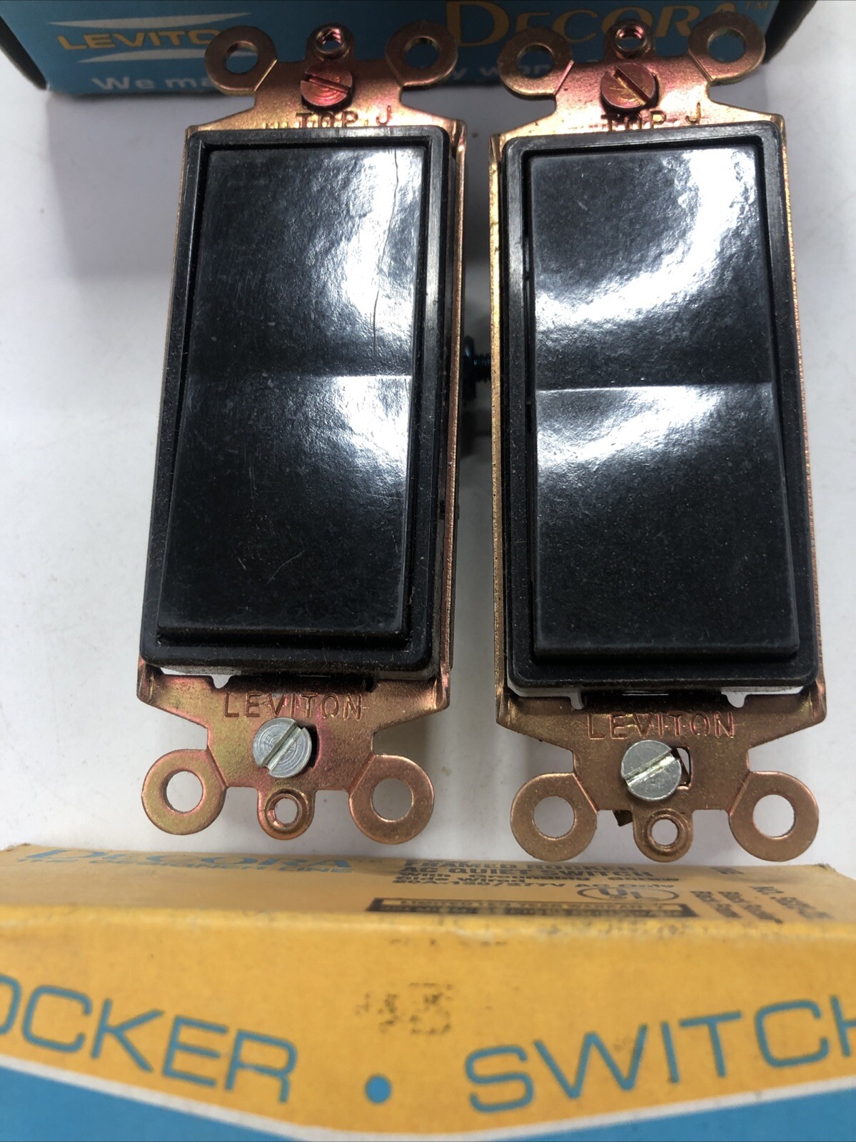 (2) Leviton 5623-2E 20 Amp, 120/277 Volt, Decora Rocker 3-Way Quiet Switch Black