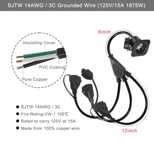 15A AC Port Plug – 125V Power Inlet Socket with Triple 18 Inch Extension Cord,