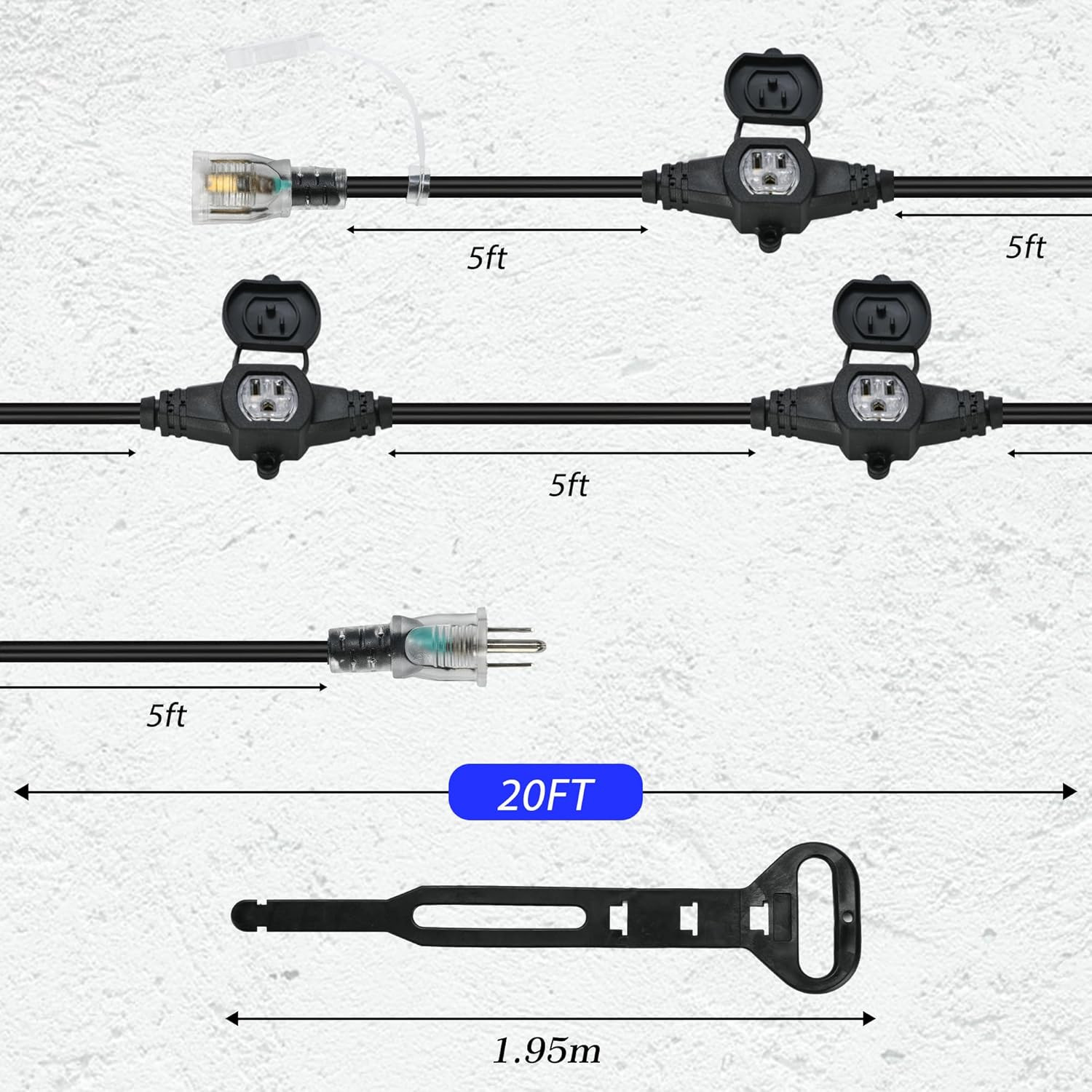 20FT 16 Gauge Multi-Outlet Outdoor Extension Cord, 4 Evenly Spaced Weatherproof