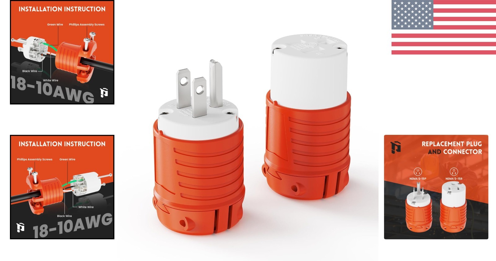 Adjustable 3-Prong Plug & Connector Set, Reliable for Home and Industrial Use