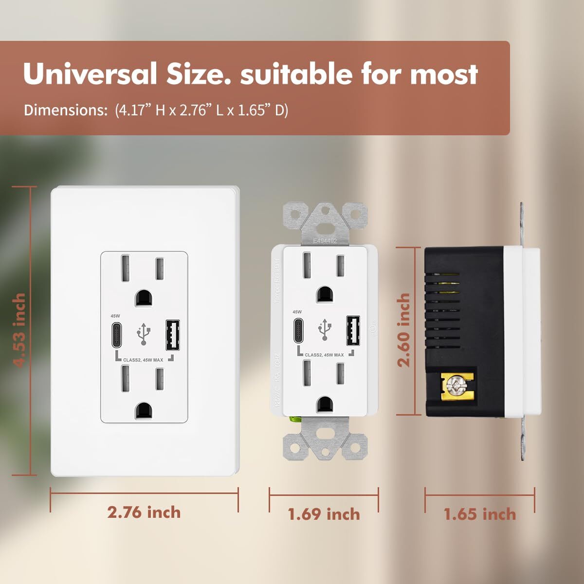 45W USB C Outlet PD,Power Delivery Decora Receptacle,15Amp Tamper Resistant,4.8A
