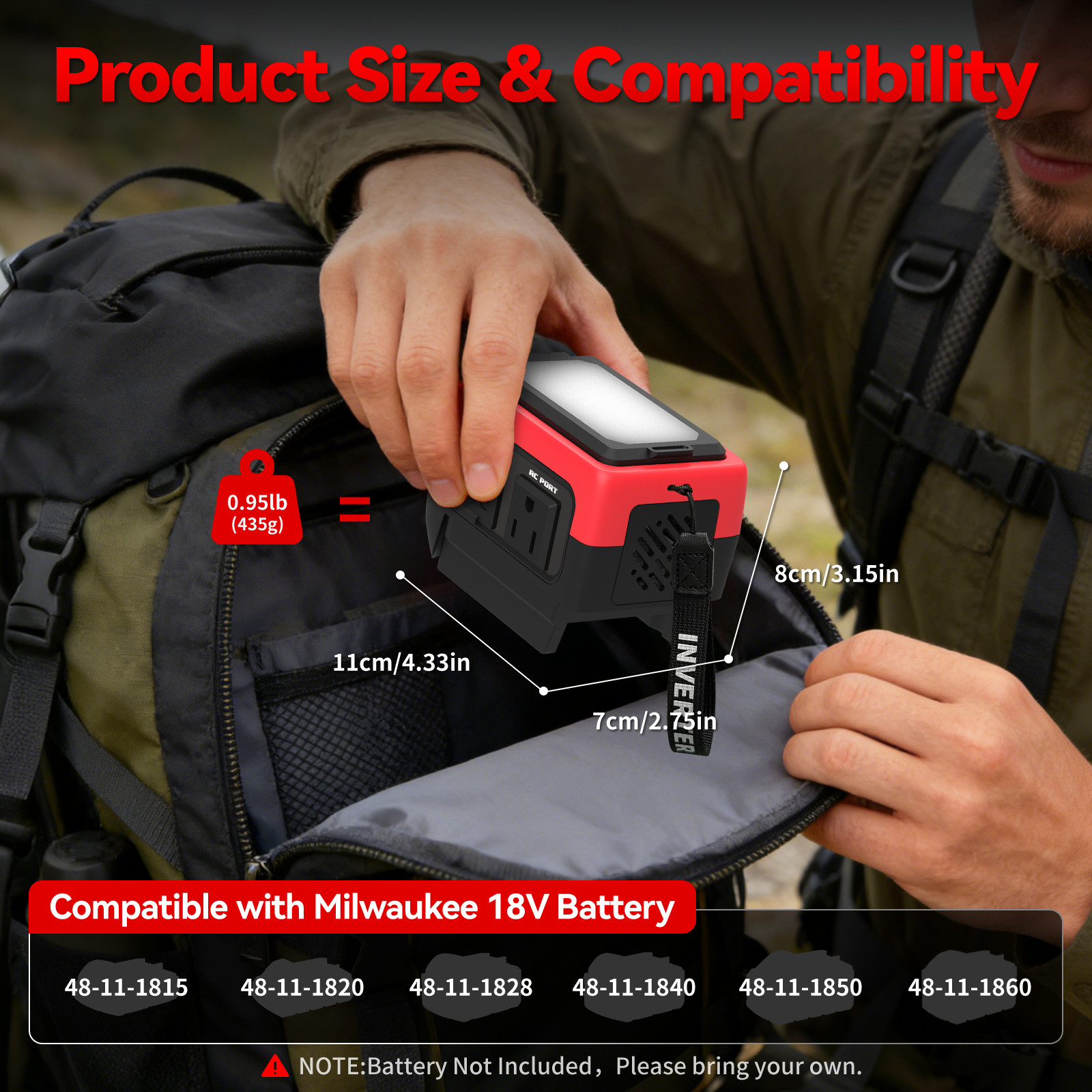 240W AC 120V Outlet USB-C Pure Sine Wave Inverter for Milwaukee 18V Battery