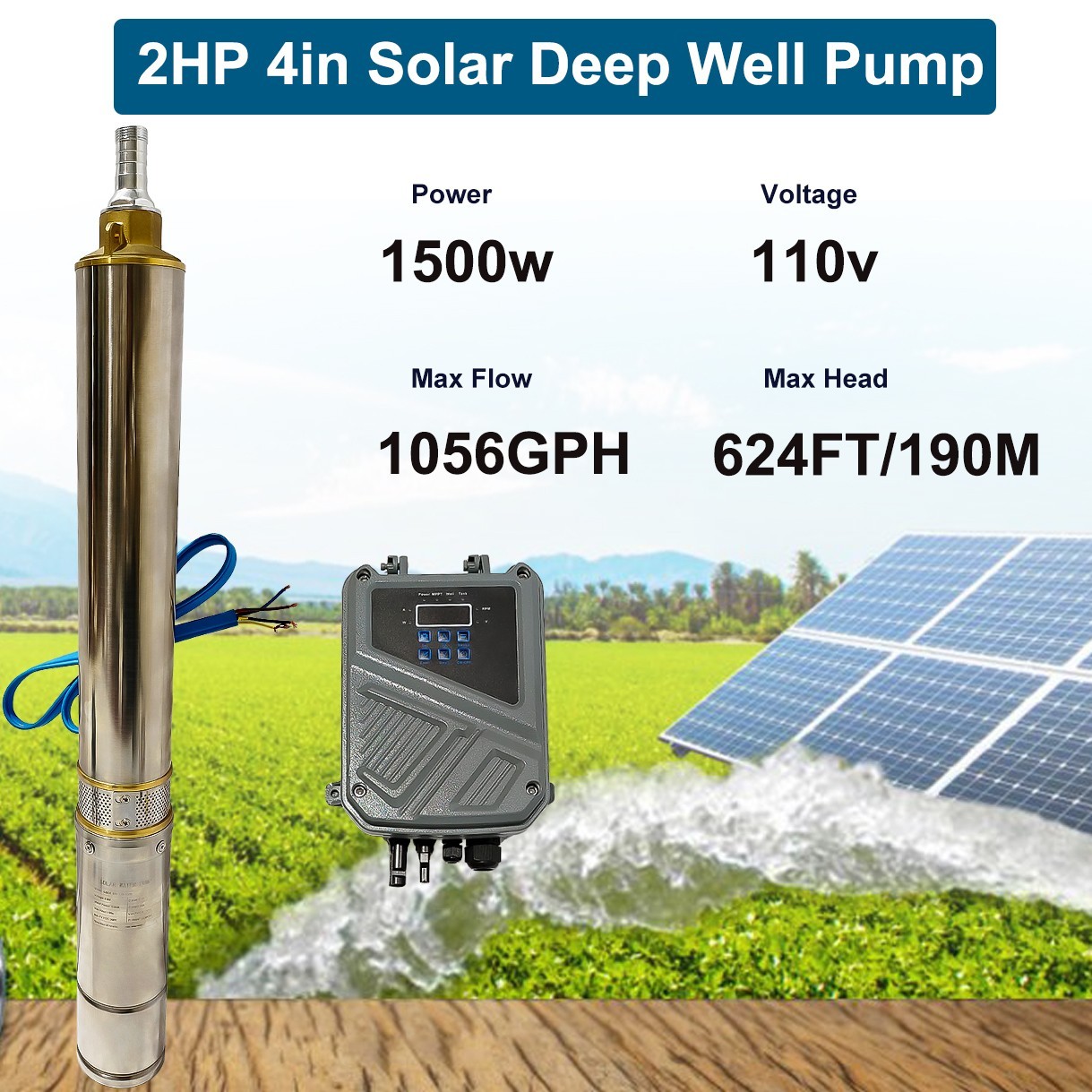 2HP 4″ Solar Pump Submersible Pump Bore Deep Well Pump+MPPT Controller DC 110V