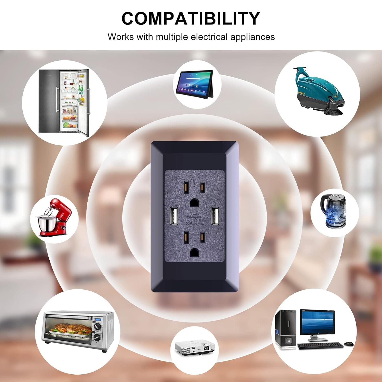 1Pack Black 15A USB Wall Outlet with 2 USB Ports (10W) 2 AC Outlets ETL-Listed