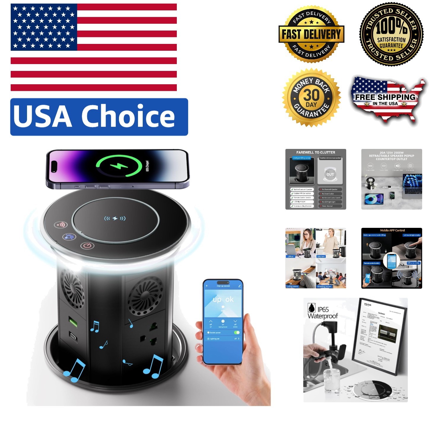 Smart Pop Up Outlet with 15W Wireless Charger & APP Control – 3 AC & 2 USB