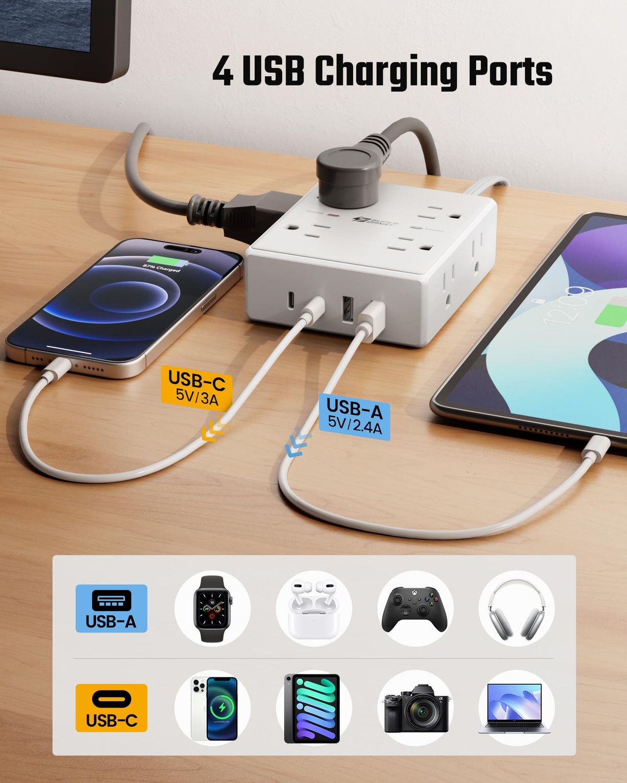 SUPERDANNY Extension Cord Flat Plug Surge Protector Power Strip 10Ft 8 AC & 4