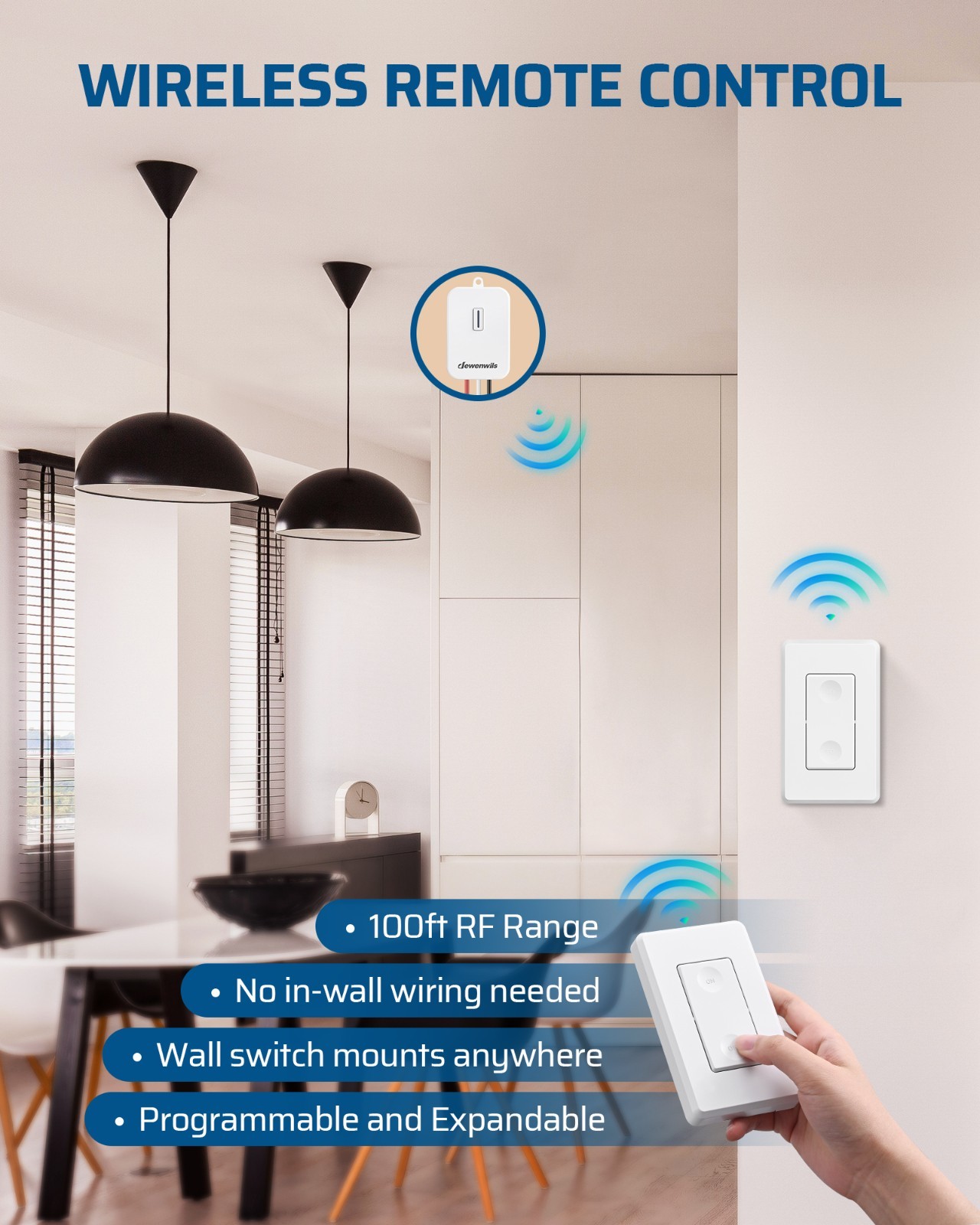 DEWENWILS Wireless Light Switch Kit, No Wiring Needed, 100FT RF Range, 15A/1800W