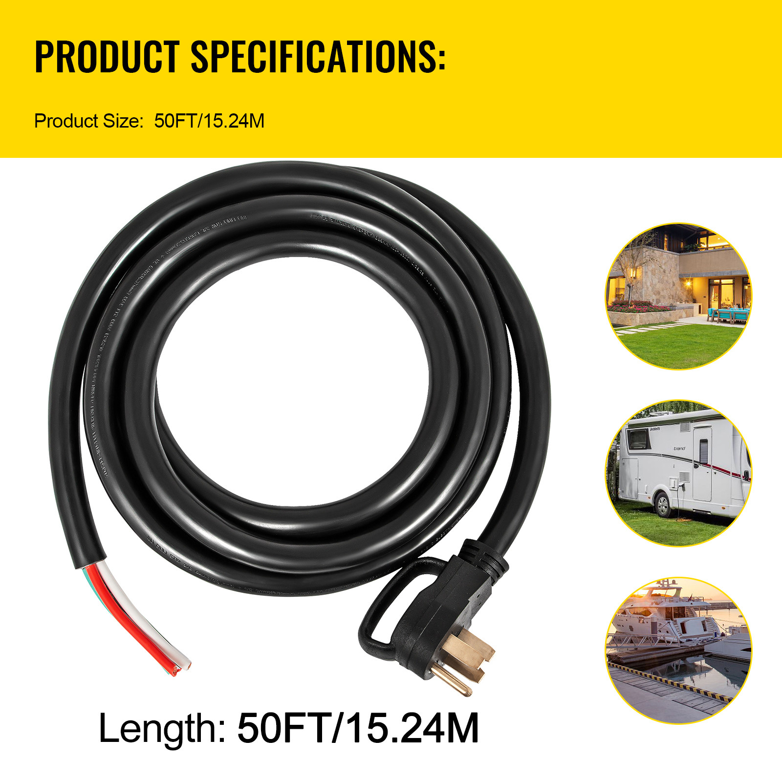 VEVOR 50A 50ft RV/Generator Extension Cord N14-50 to Bare Wire STW 6/3+8/1 Cable
