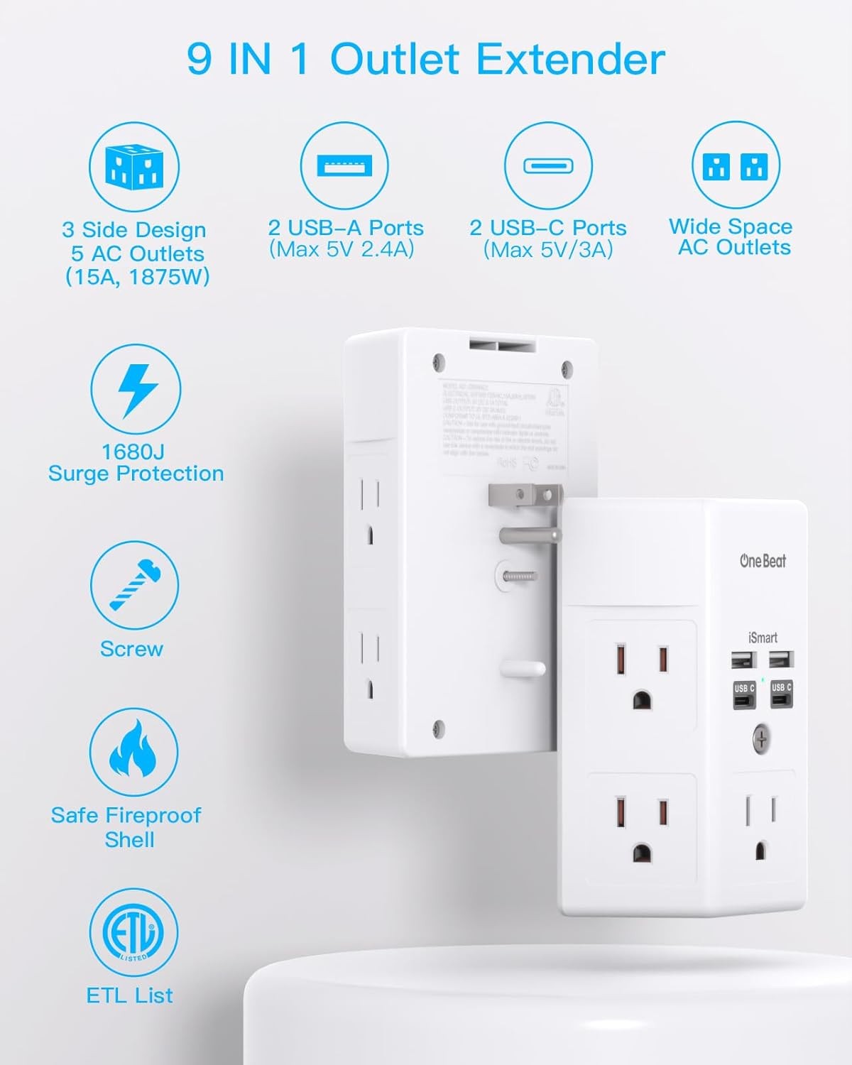 One Beat 1680J 3 Side Power Strip Multi Plug 15.5W,1Pack,None, White