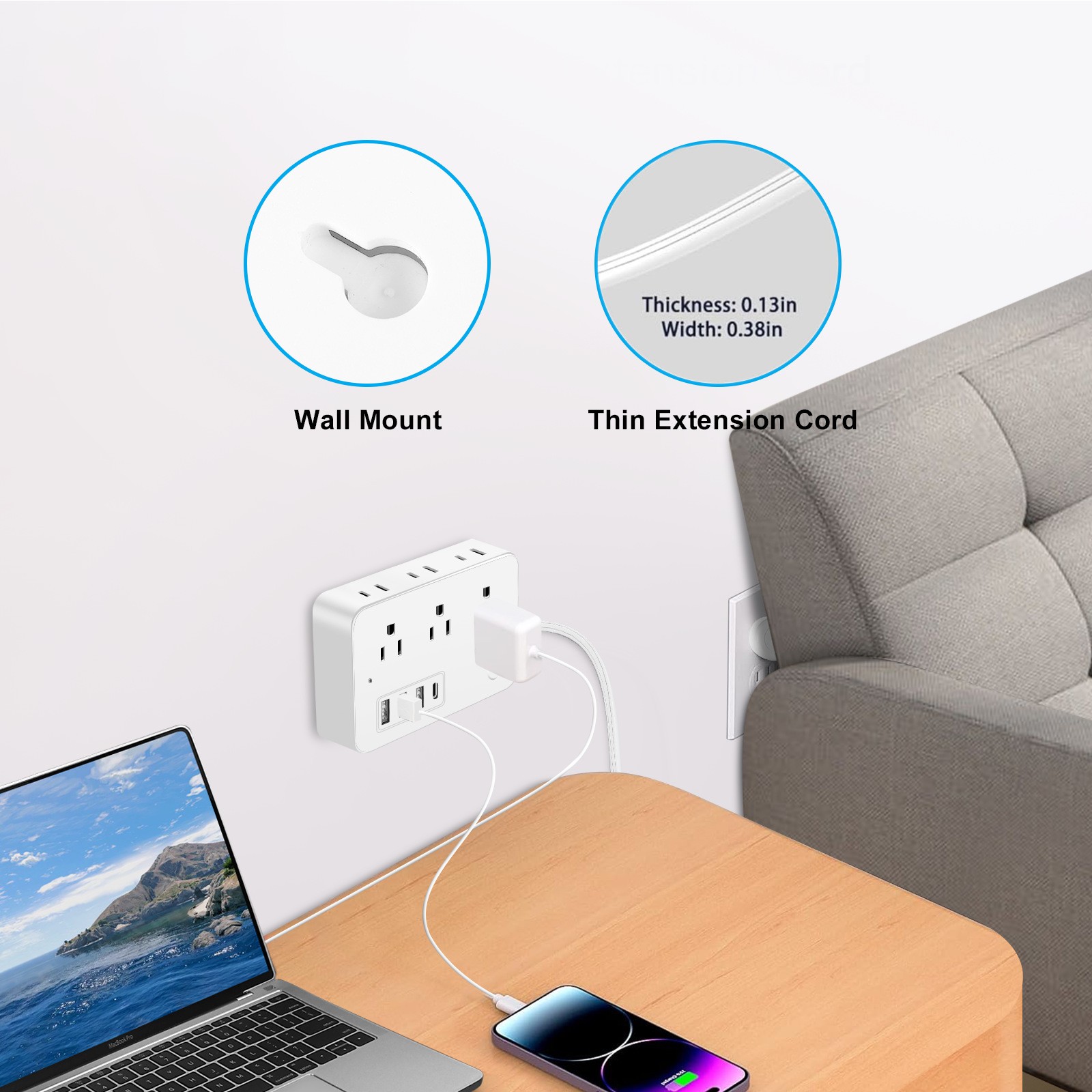 Multi Outlet Power Strip with USB C Charger 5/10FT Extension Cord Flat Plug US