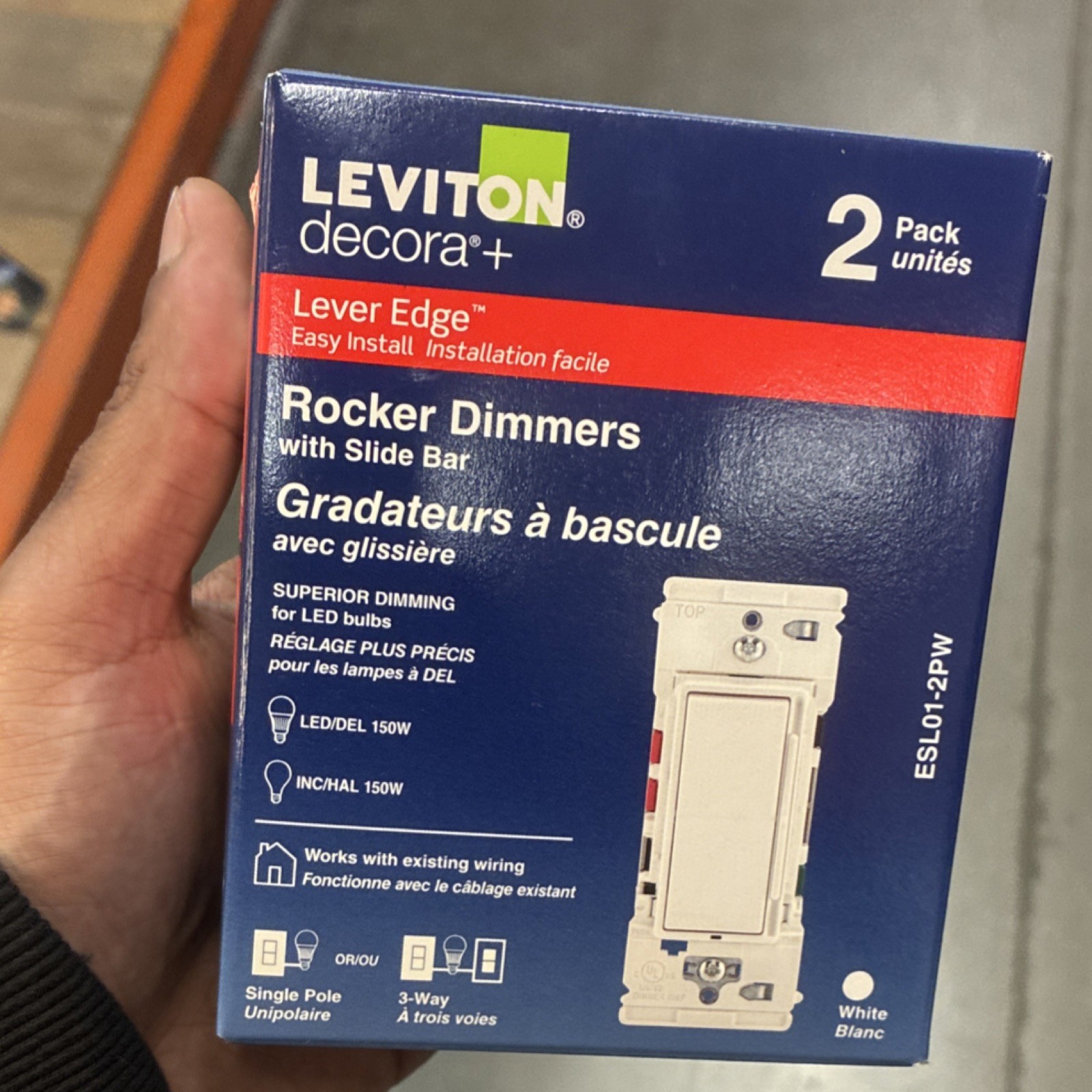 Leviton Decora+ ESL01-2PW Decorator Rocker Dimmer Wall Switch White 2 Pack LED