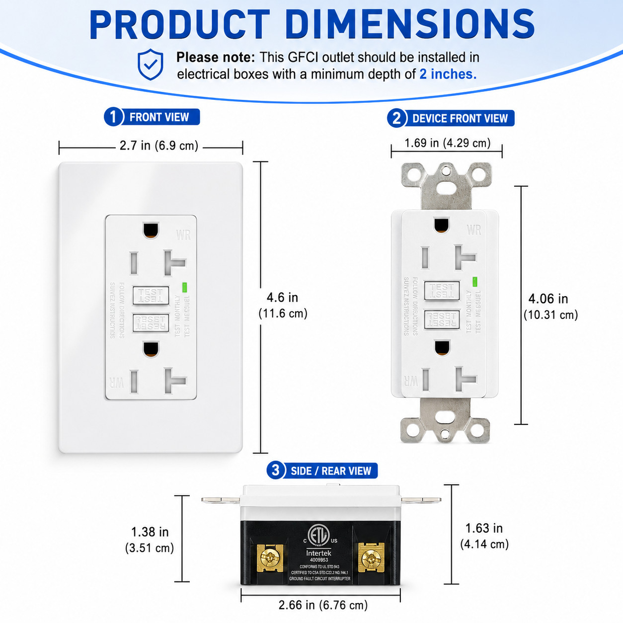 20A GFCI Outlet Outdoor NEC Rated ETL Listed Weather Resistant LED Light White