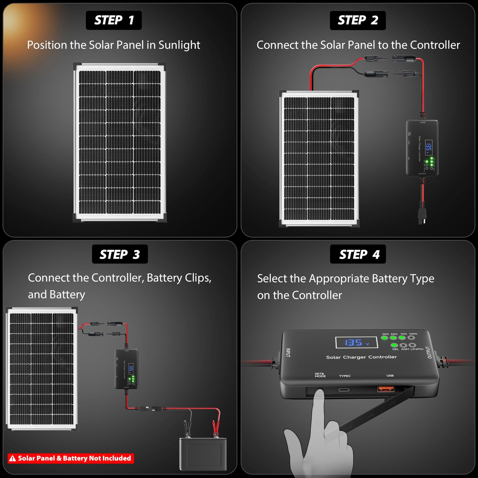 Solar Charge Controller 12V 20A, Solar Panel Charge Controller with Type-C an…